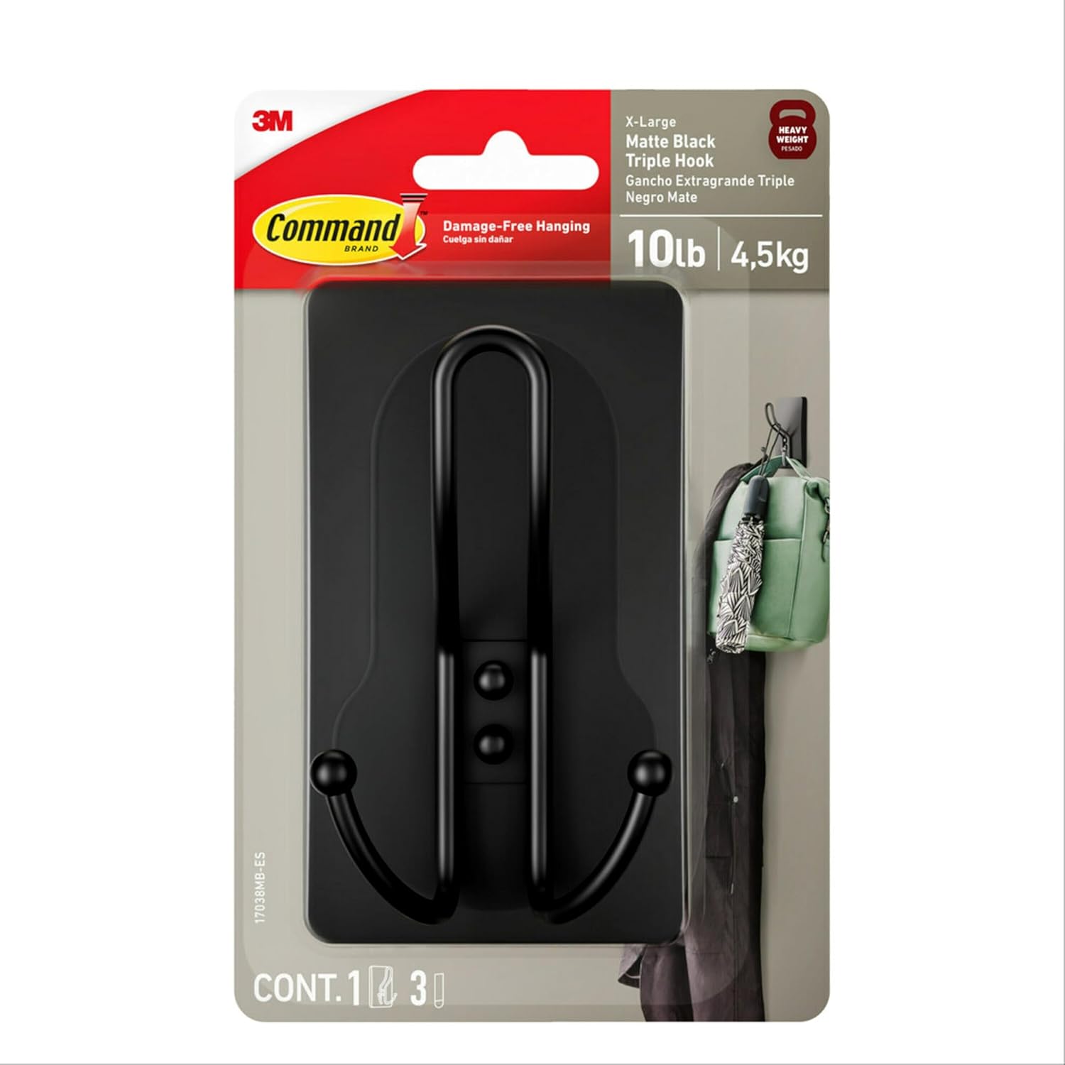 Durable Matte Black Wall Hook 3 Strips for Easy Hanging
