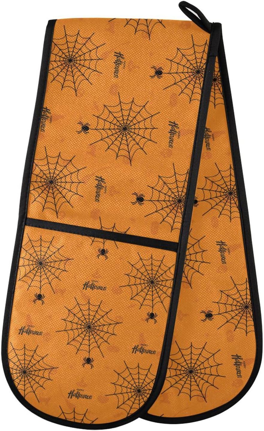 Halloween Spiders Double Oven Mitts Spacious 35x7 Spiders on Orange