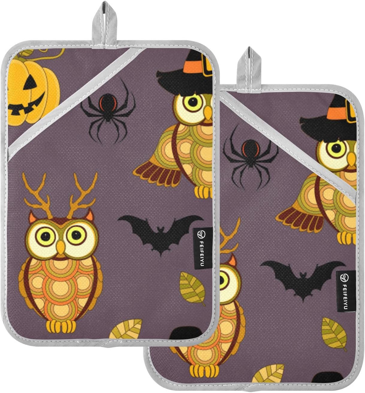 2Pcs Halloween pumpkin owl pot holder set non-slip oven mitts