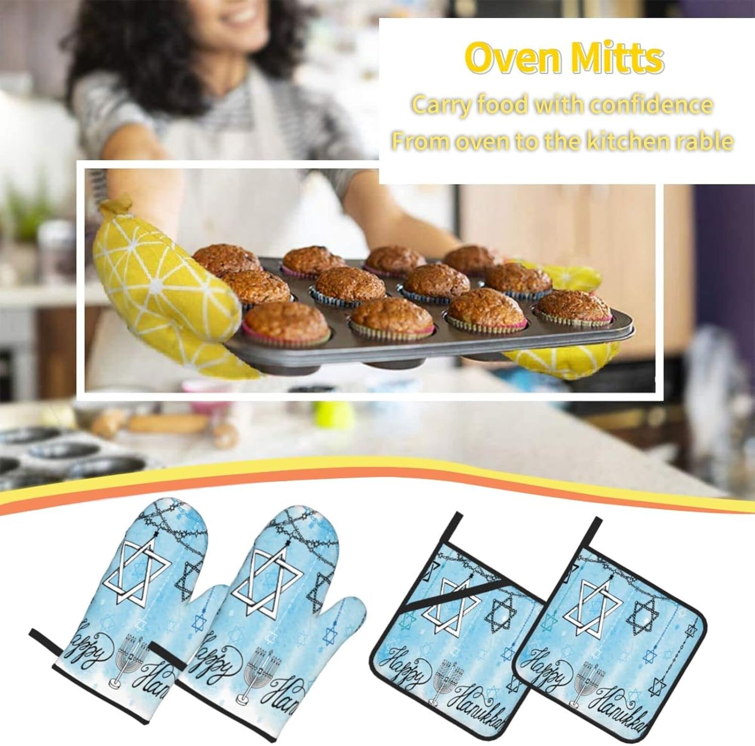 Happy Hanukkah Heat Resistant Oven Mitts and Pot Holders Set