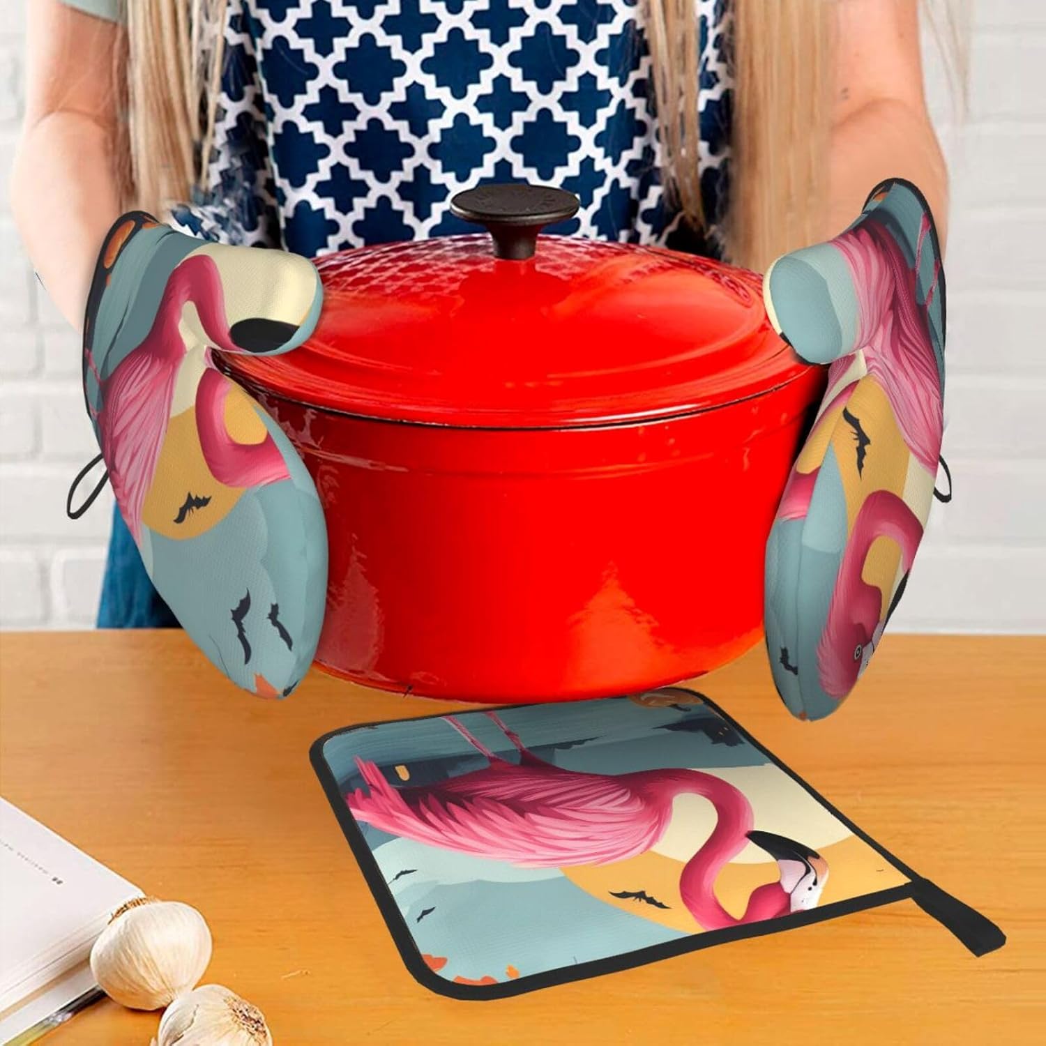 Fairchild Halloween Oven Mitts Pot Holder Set Cartoon Flamingo Durable Waterproof