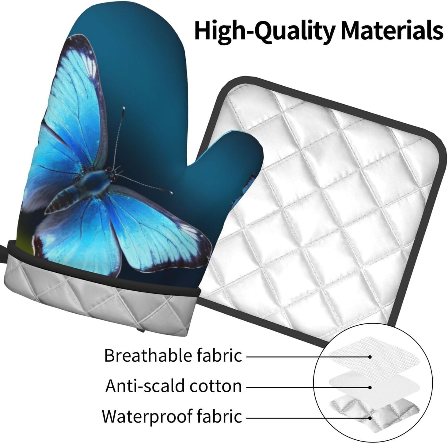 Beautiful Blue Butterfly Printed 2-Piece Set of Oven Mitt and Pot Holder