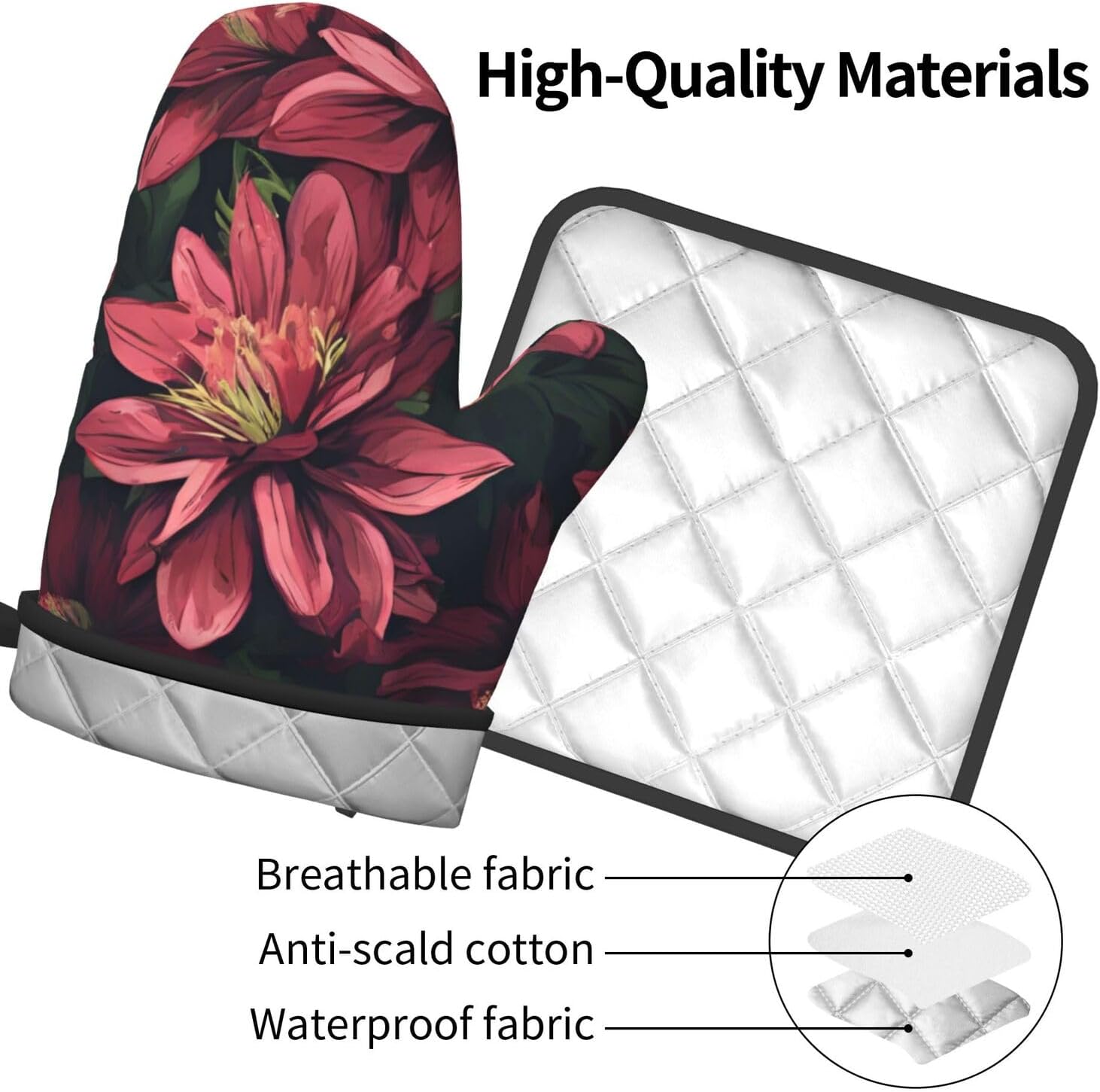 Triangle Flower-Printed Oven Mitts and Pot Holders 2pc Set