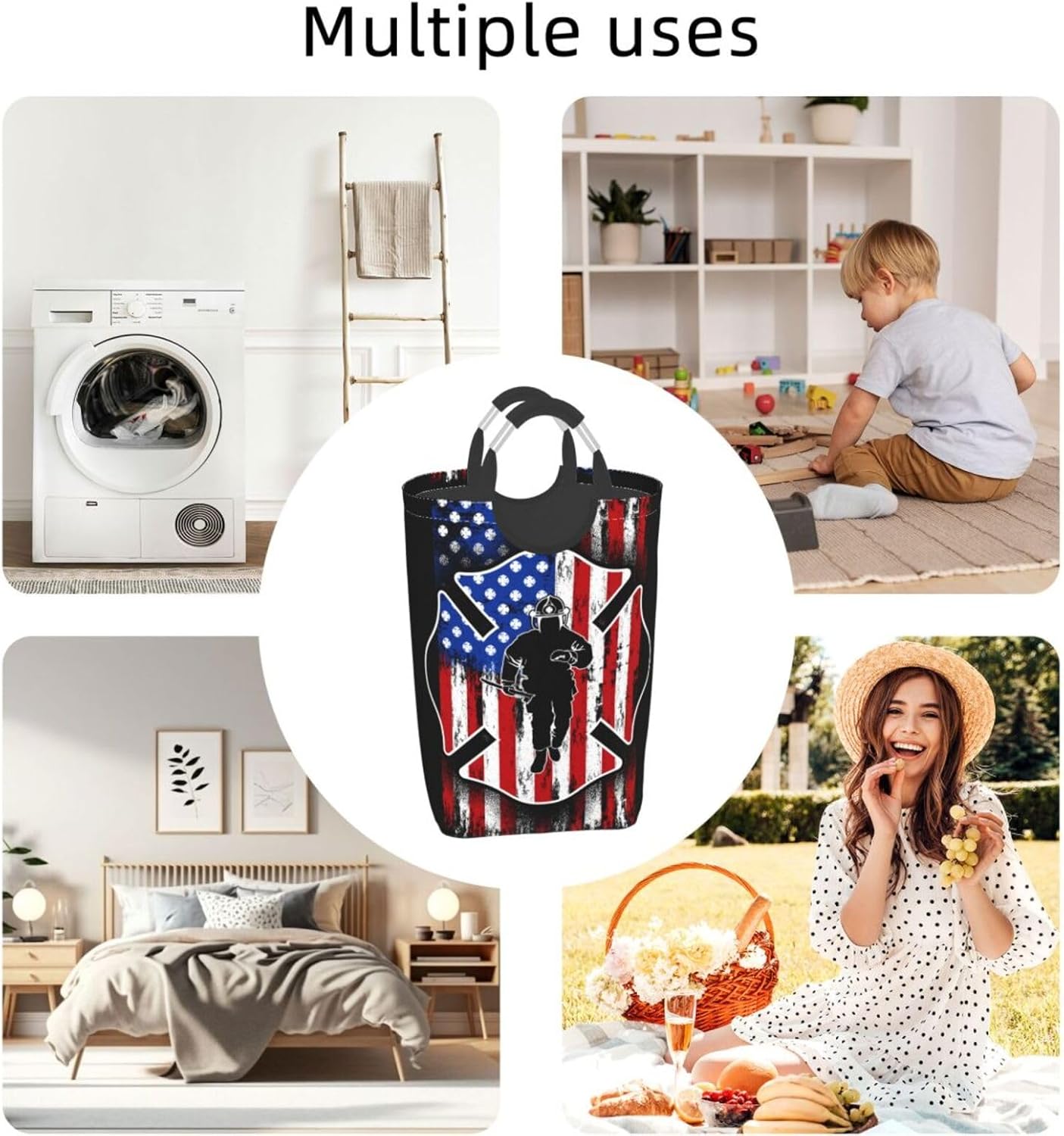Collapsible Laundry Basket with Firefighter American Flag Pattern