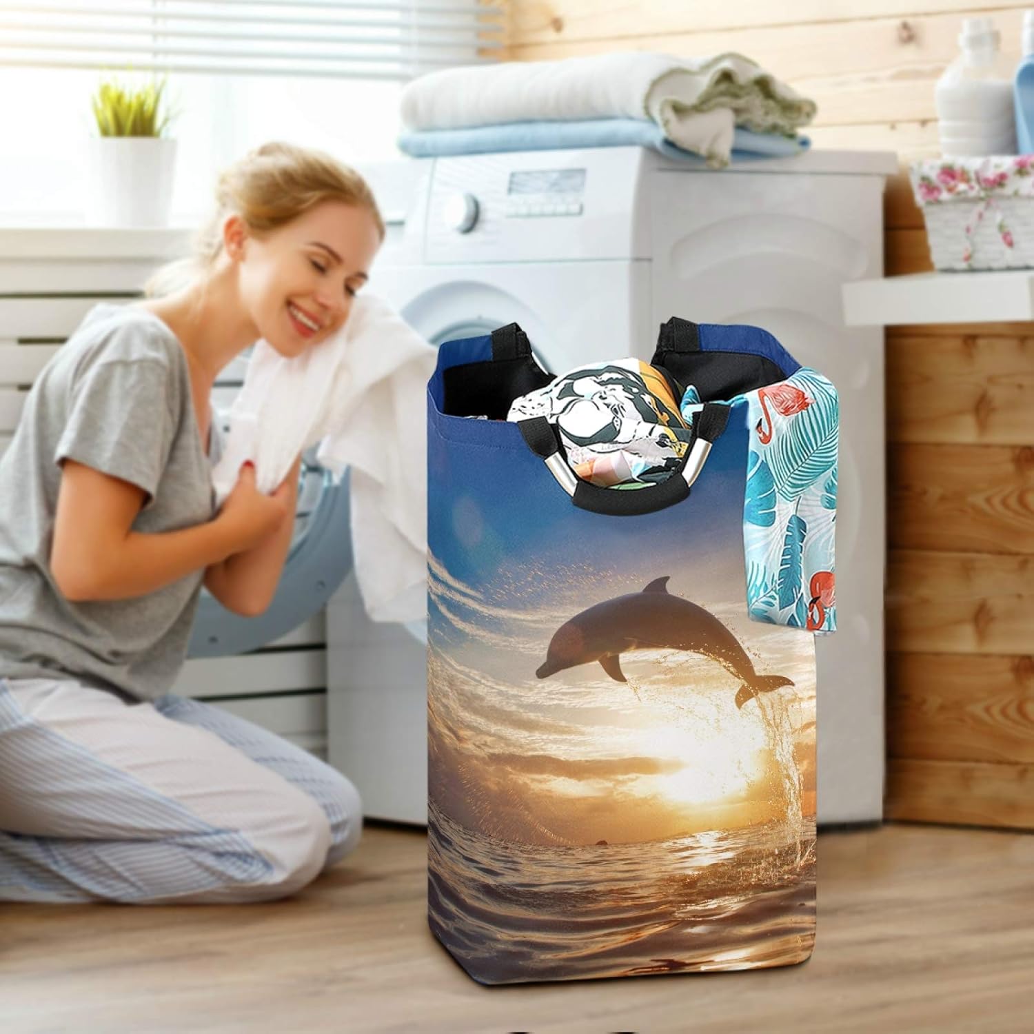 susiyo Beautiful Dolphins Folding Laundry Hamper