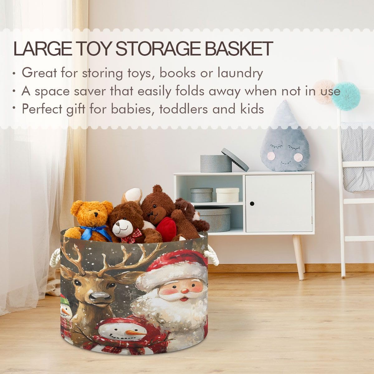 SUABO Reindeer Santa Snowman Canvas Laundry Basket with Handle