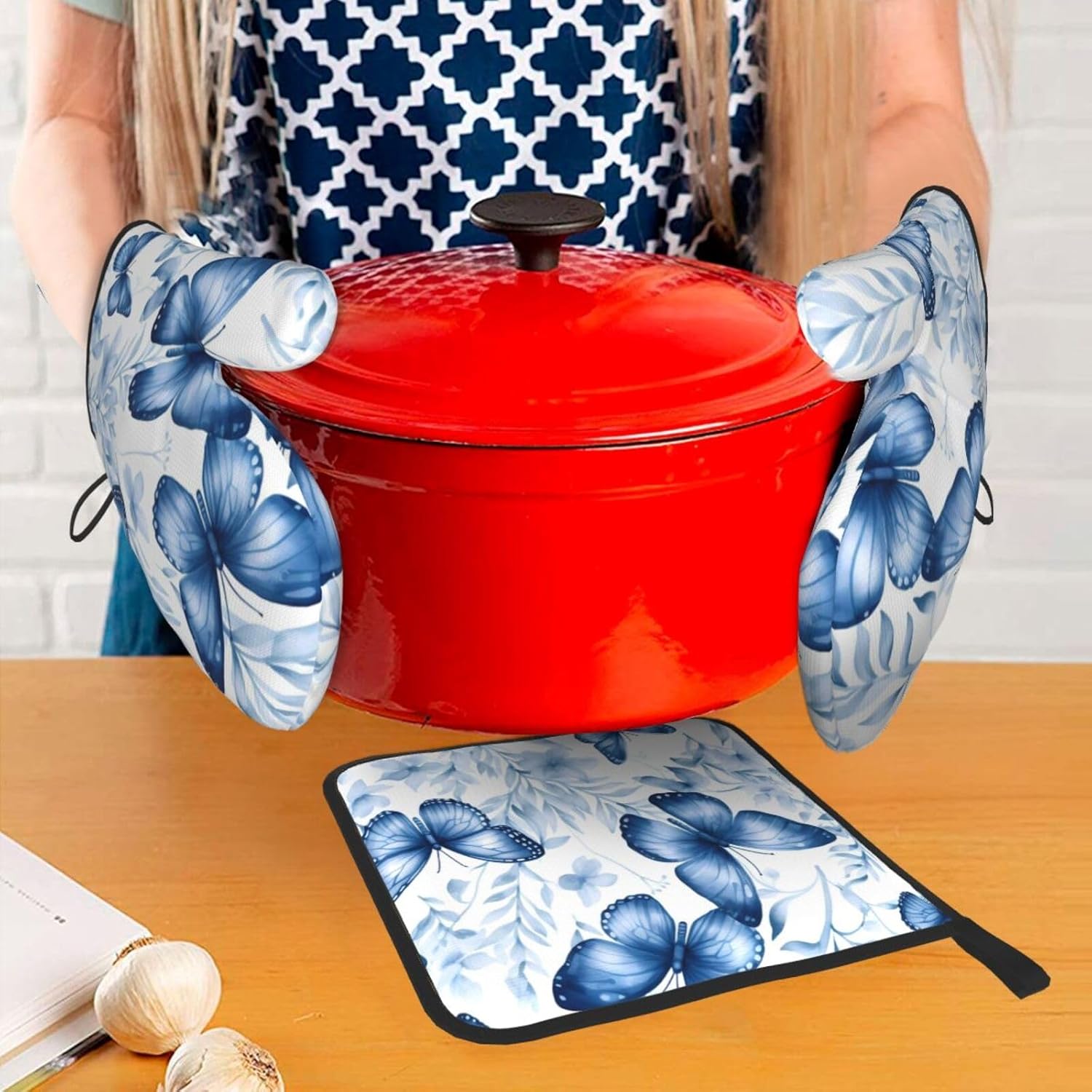 Oven Mitts Set for Grilling Baking Heat-Resistant with Hanging Loops