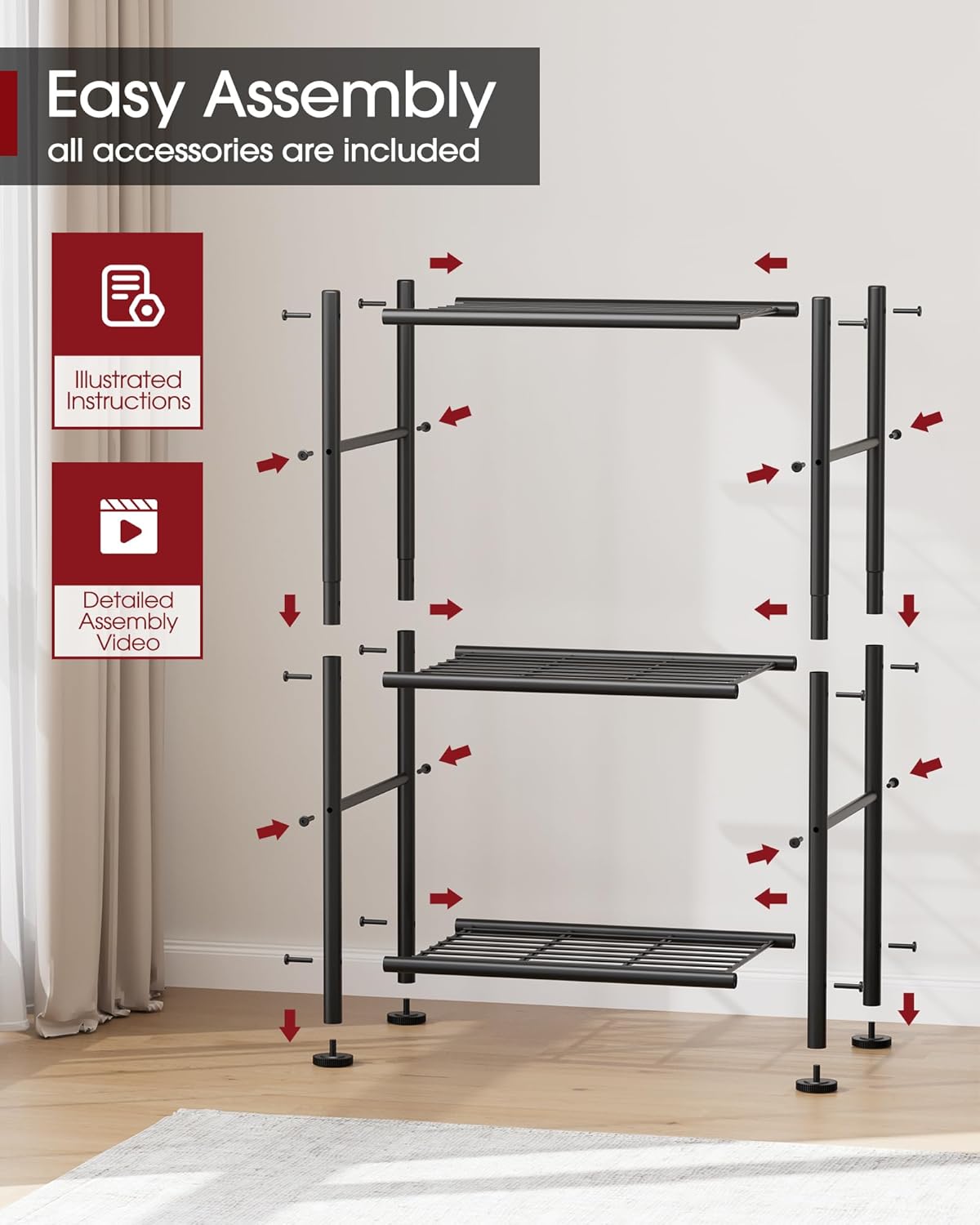 Space-Saving 3-Tier Metal Shelf with Adjustable Feet