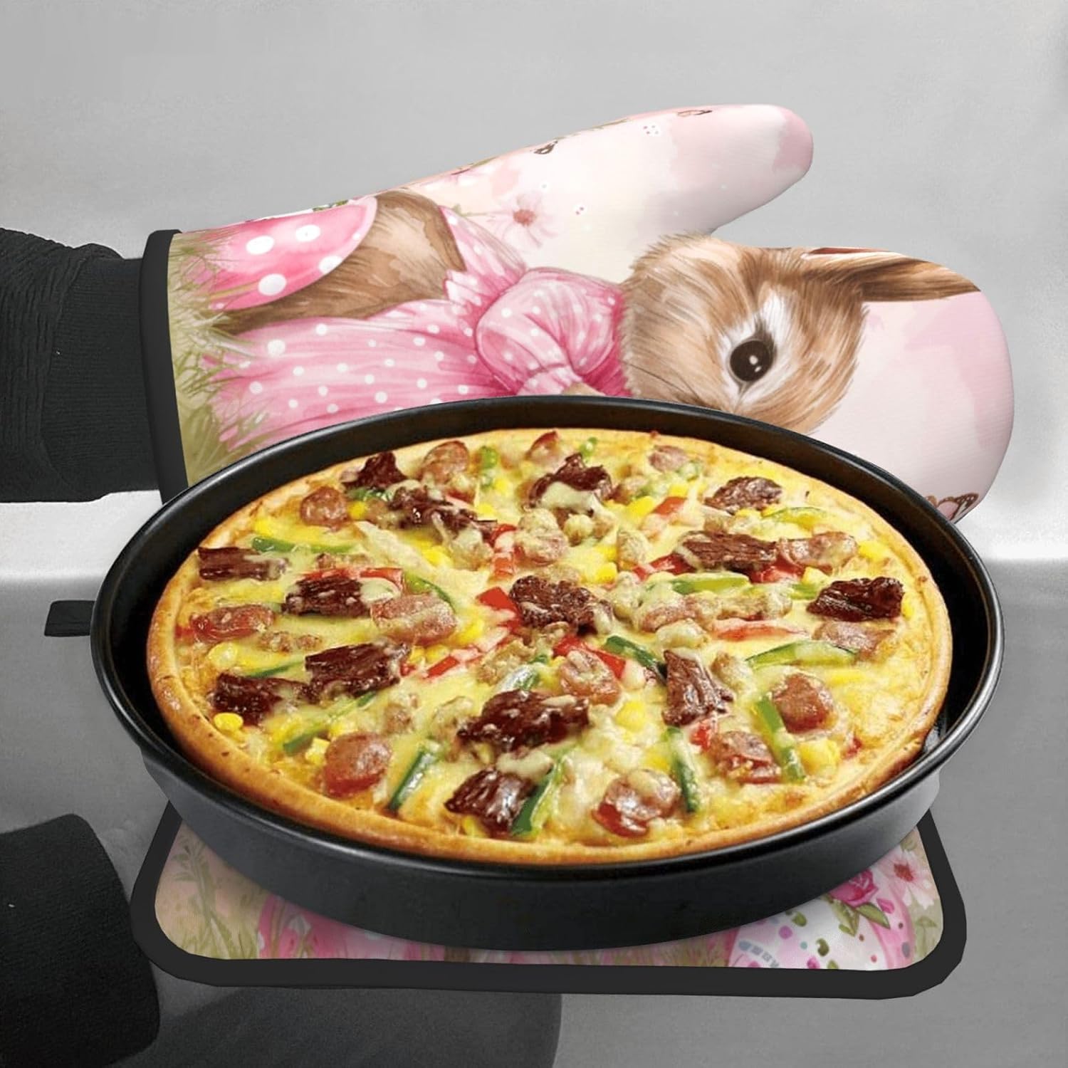 Easter Bunny with Butterflies Pot Holder and Oven Mitt Set