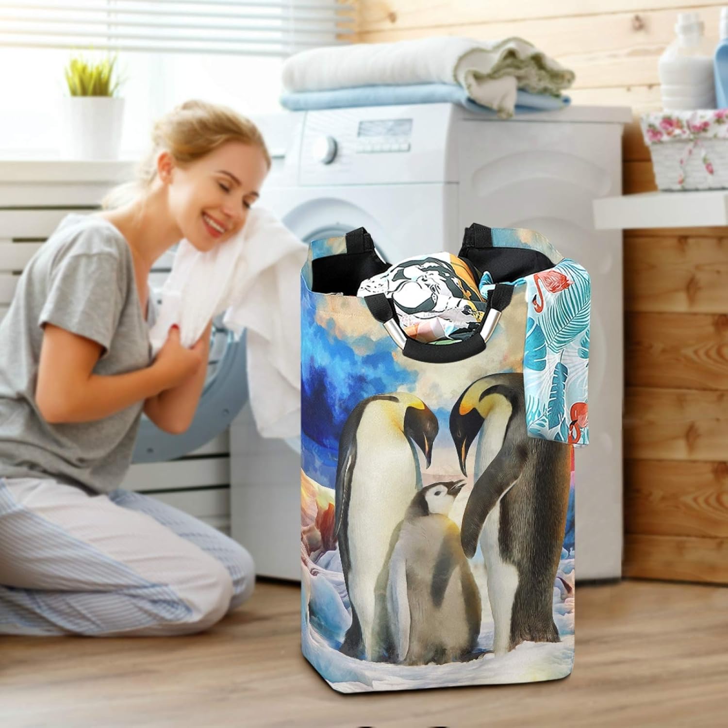 Susiyo Foldable Laundry Basket with Handles and Penguin Pattern