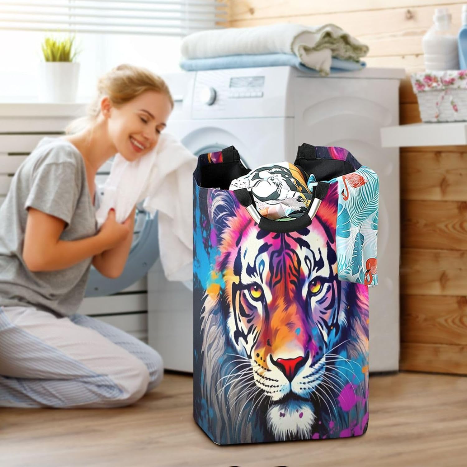 Kigai Foldable Laundry Basket with Tiger Design