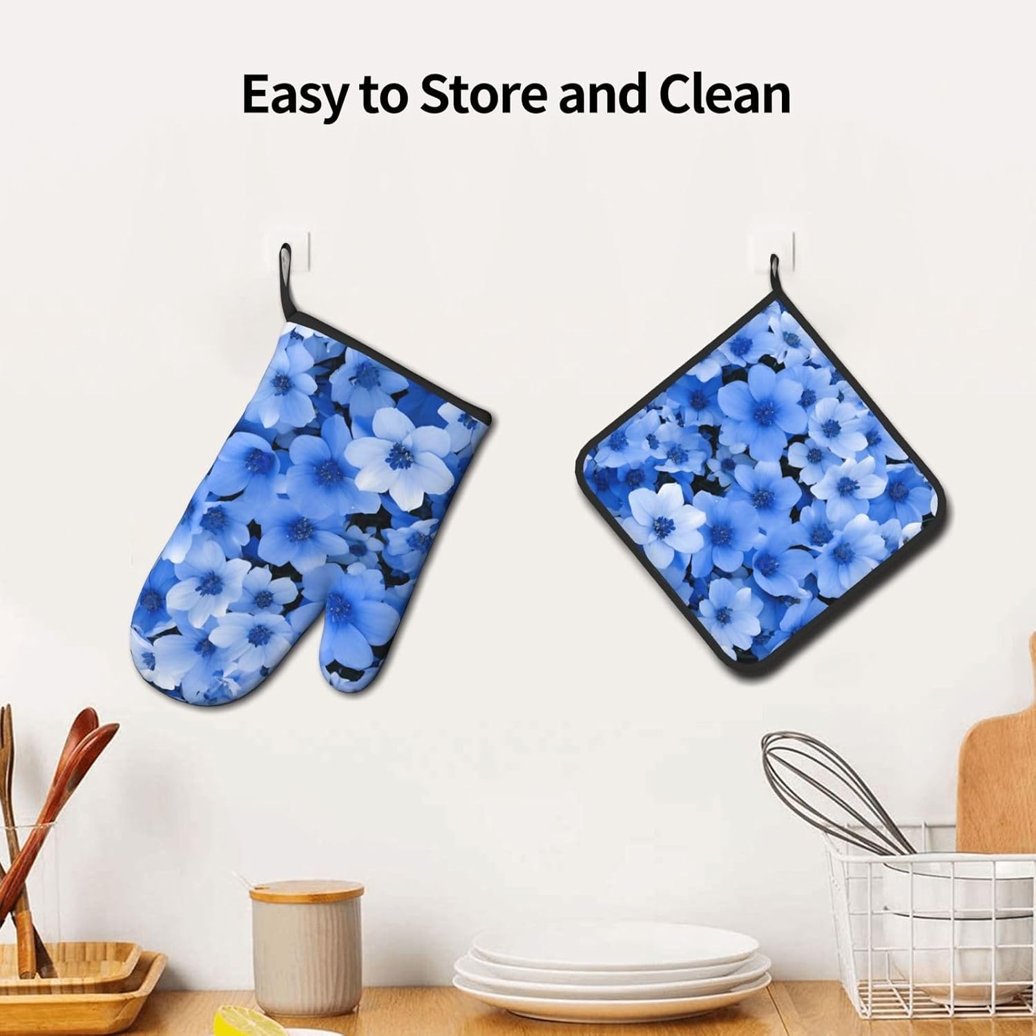 Quopvn Blue Flowers Oven Mitts and Pot Holders Set
