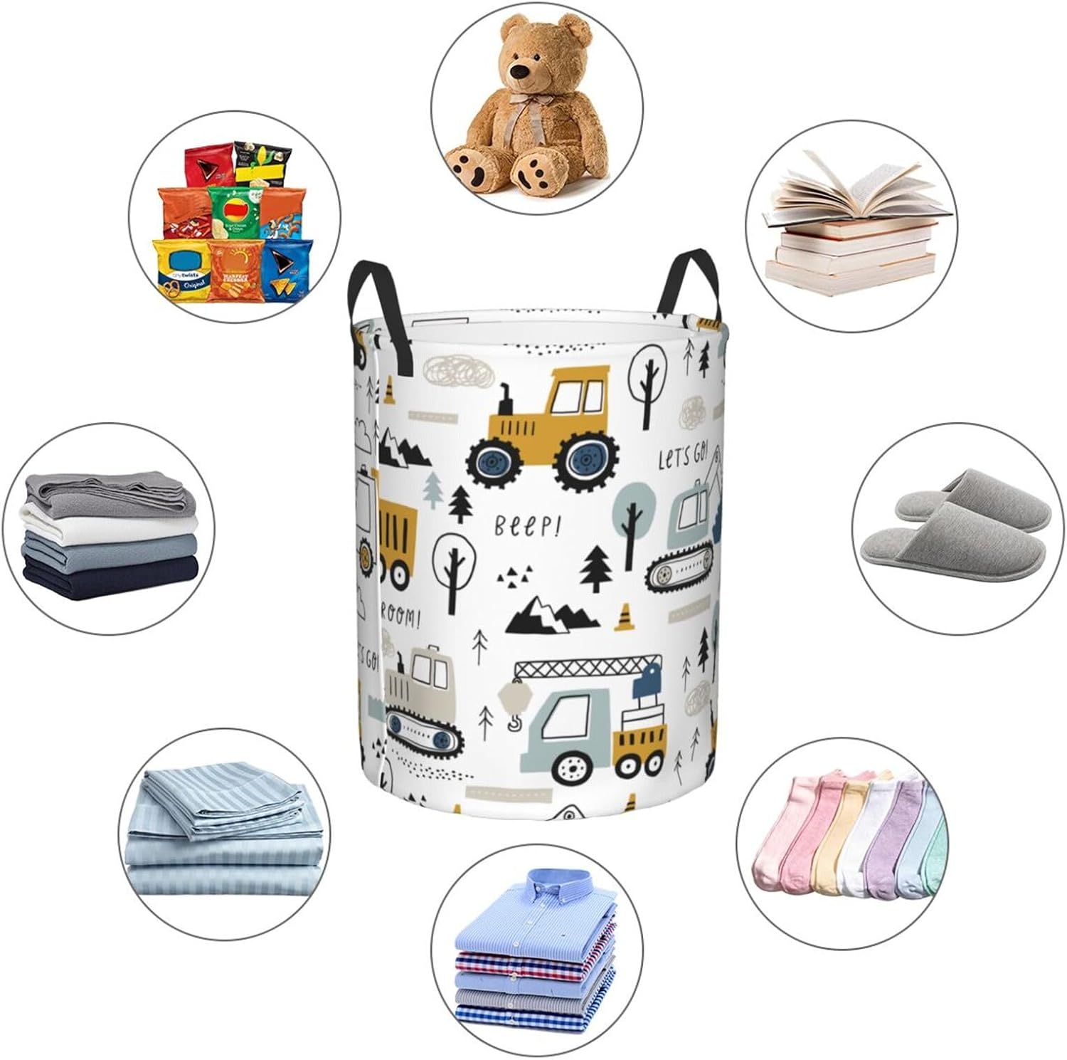 Cartoon Excavator Tractors Waterproof Collapsible Laundry Basket Gift