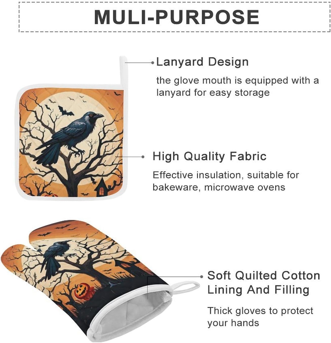 Raven Halloween Oven Mitts Pot Holders Set - Festive 4-Piece Heat-Resistant Gloves