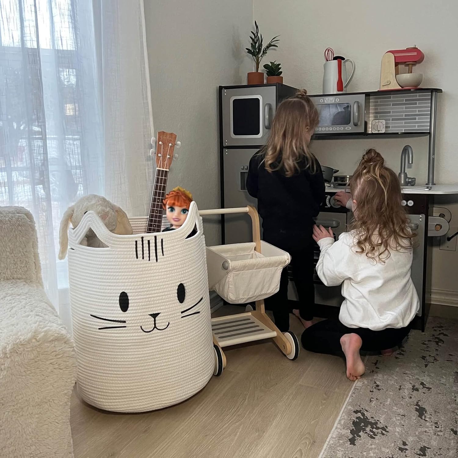 Sturdy Soft Cat Face Laundry Basket for Kids Pets White 16x20