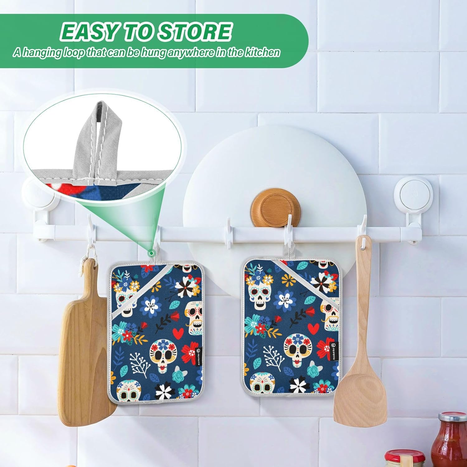 OURVII 2Pcs Day of The Dead Pot Holder Set