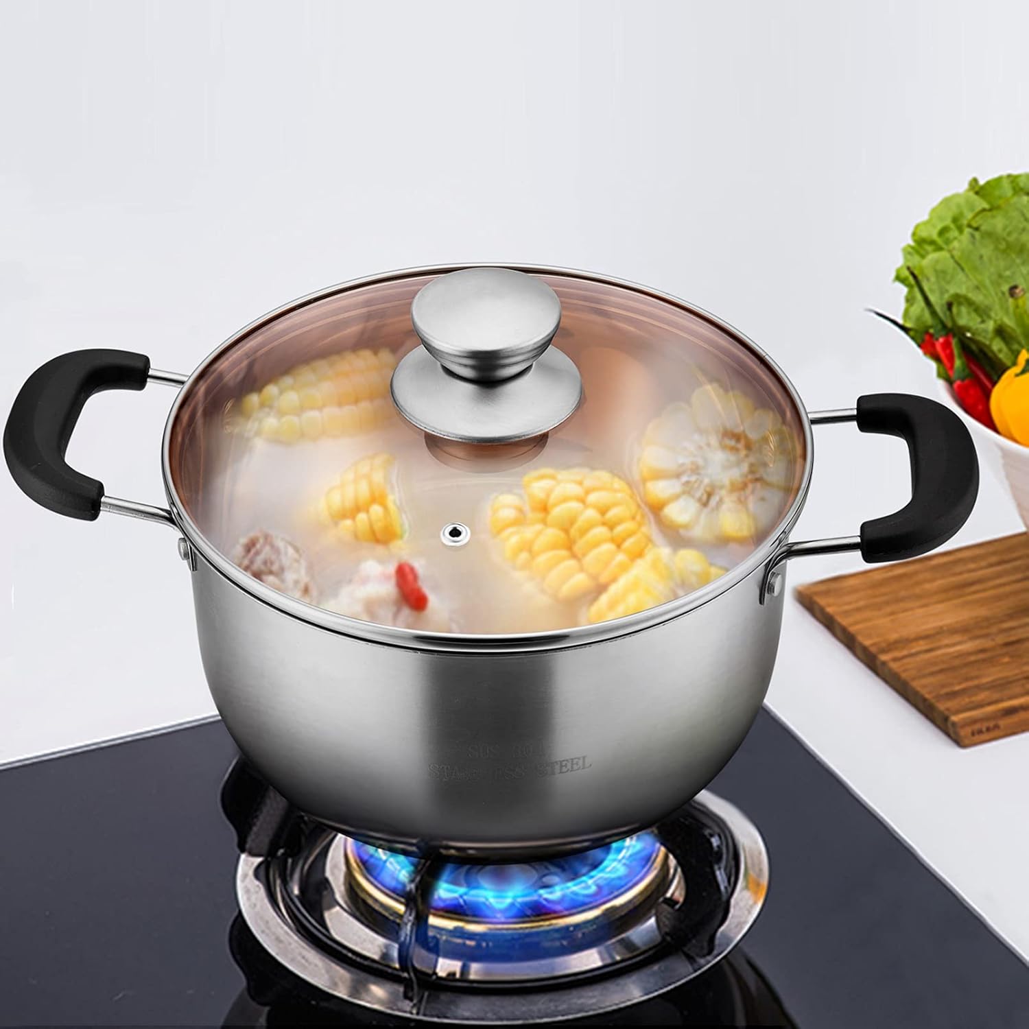 TeamFar 3 Quart Stainless Steel Stock Pot with Tempered Glass Lid