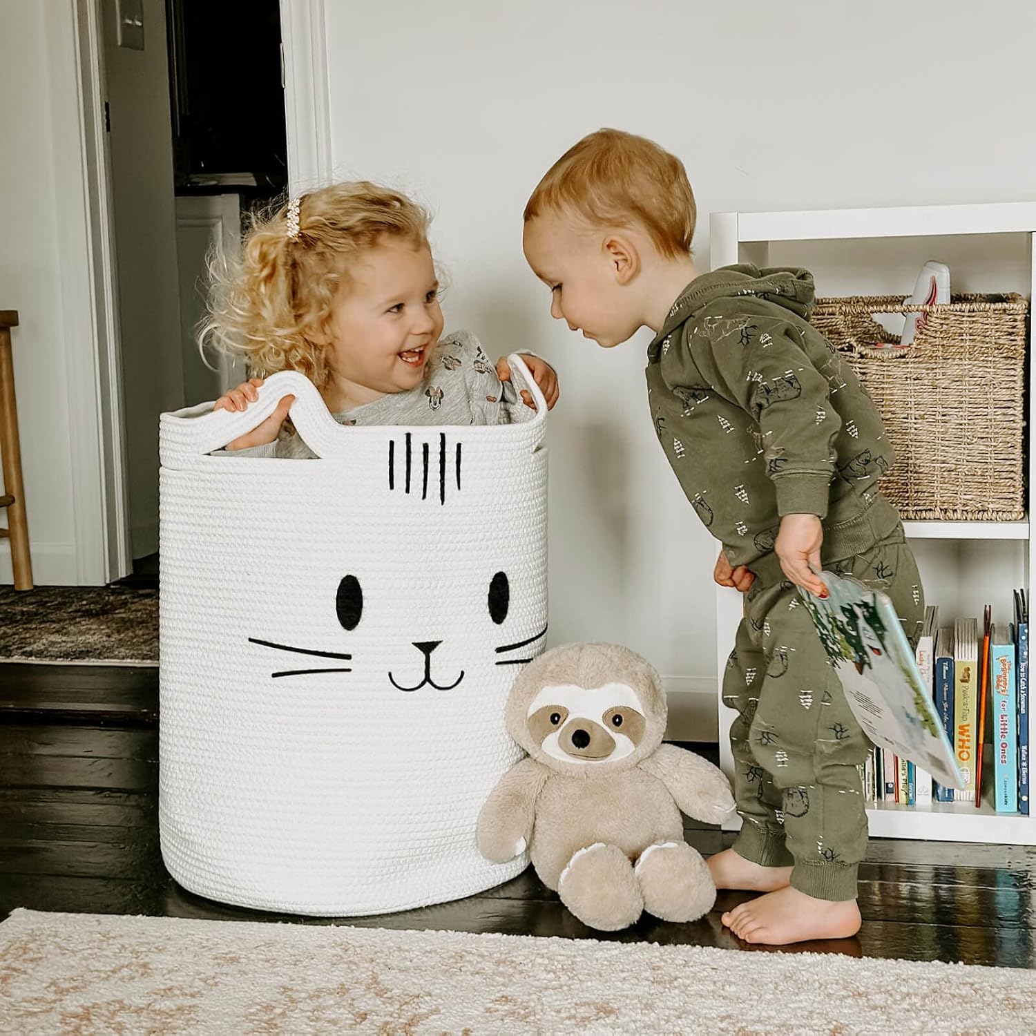 Sturdy Soft Cat Face Laundry Basket for Kids Pets White 16x20