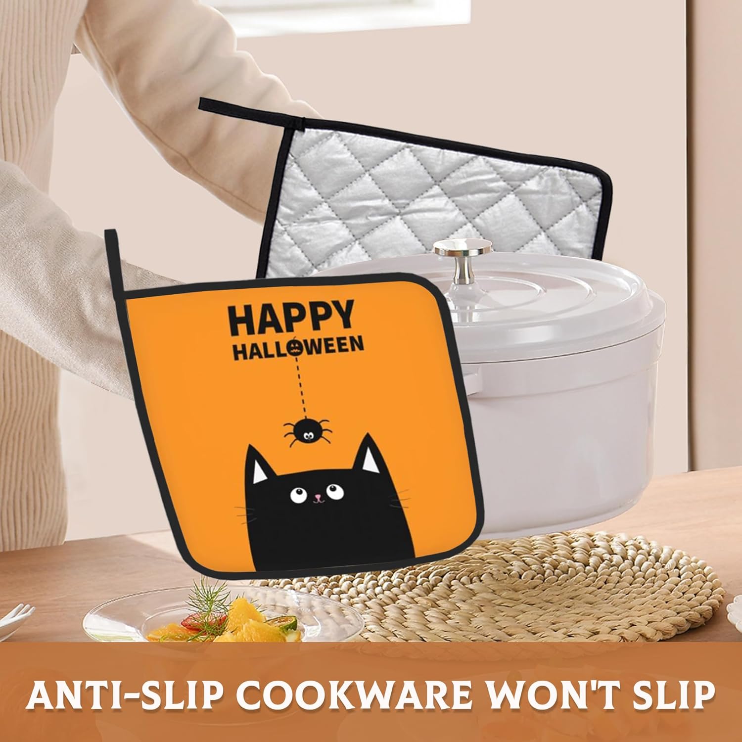 HEAT-RESISTANT Halloween Potholders Set Black Cat Design for Kitchen Use