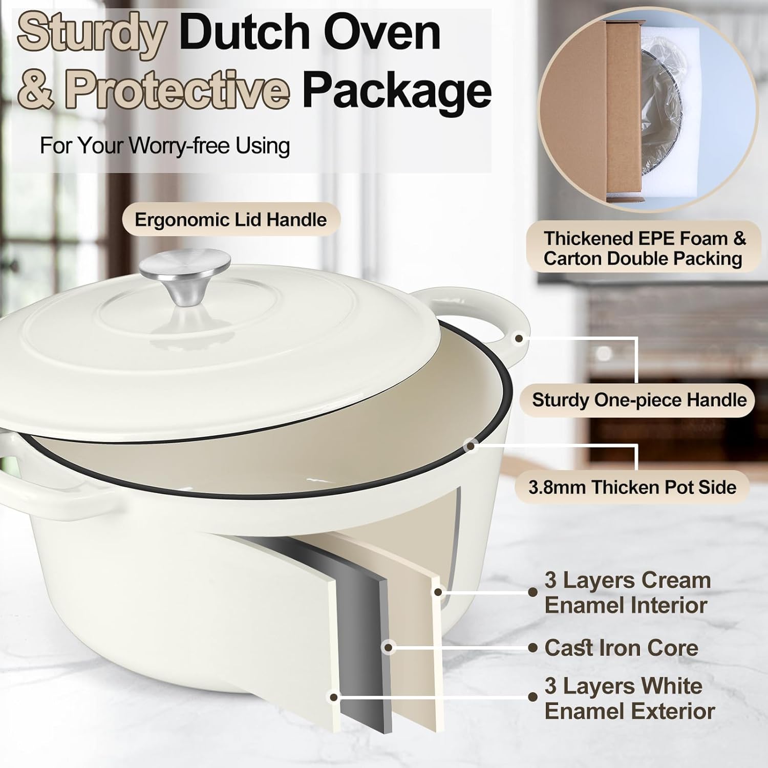 PP CHEF Kapex Dutch Oven Pot with Lid White Enameled 7QT