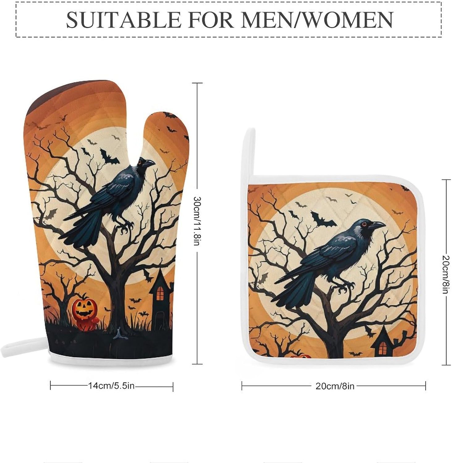 Raven Halloween Oven Mitts Pot Holders Set - Festive 4-Piece Heat-Resistant Gloves