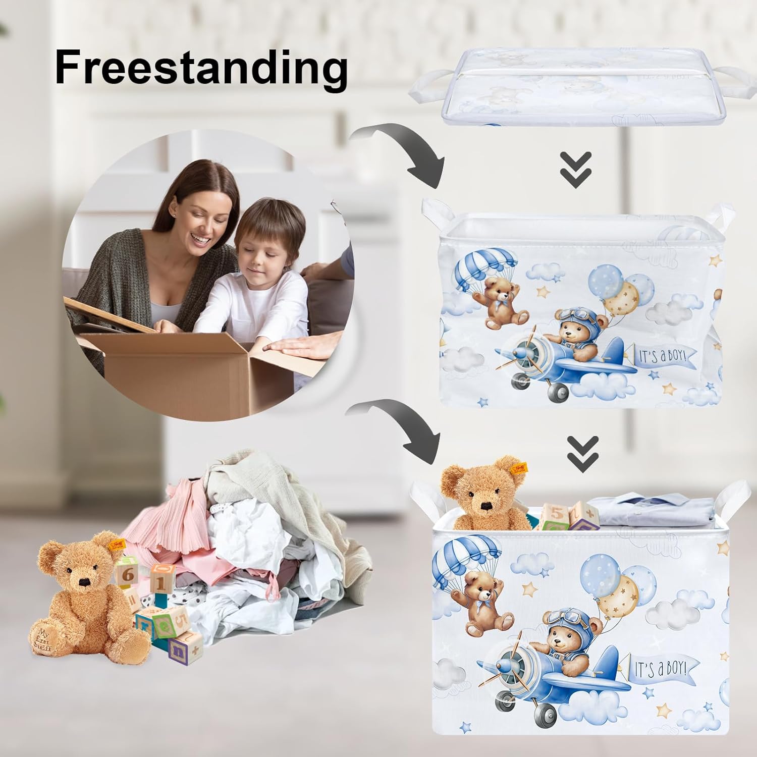 Clastyle 36L Blue Pilot Bear Collapsible Storage Basket for Kids