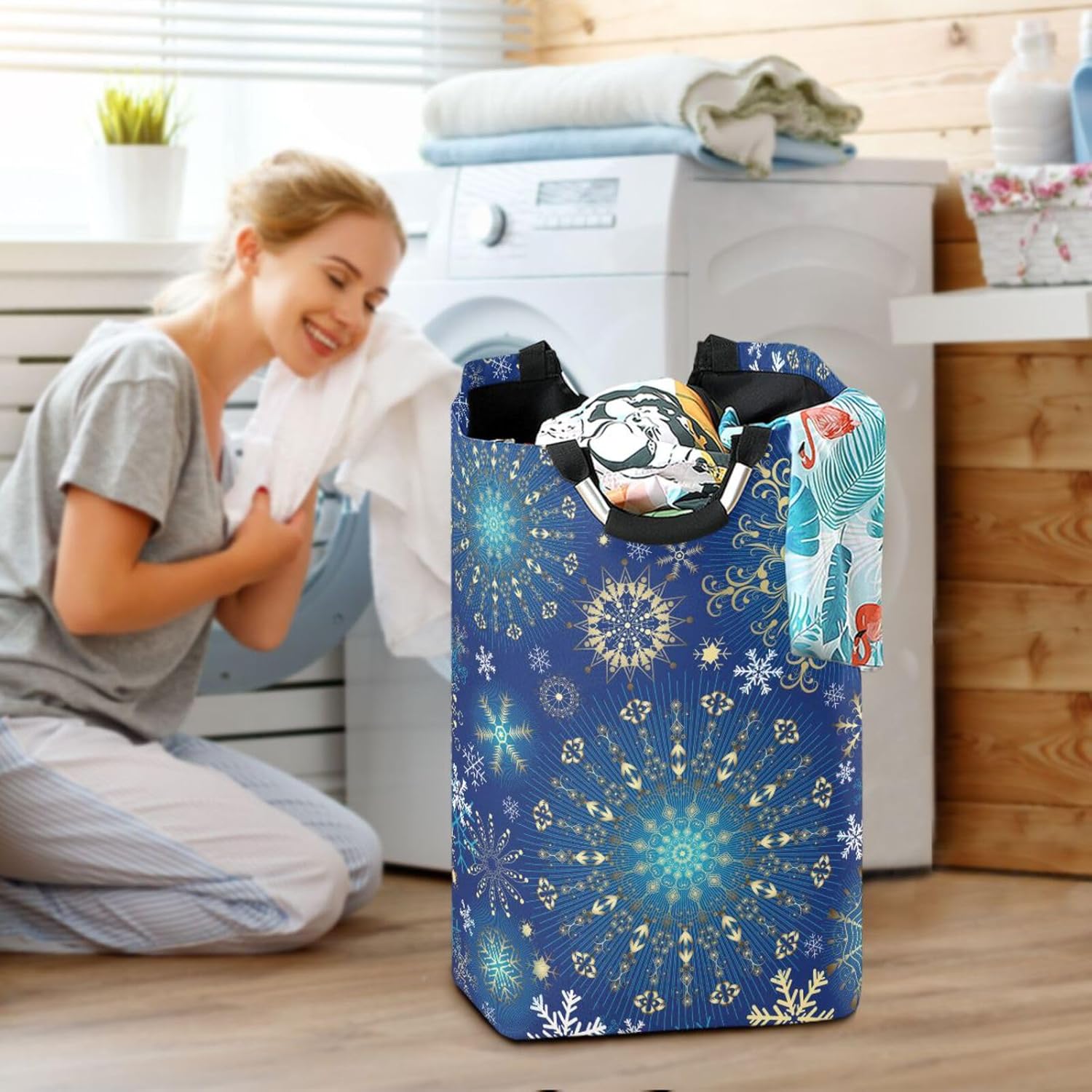 Kigai Collapsible Laundry Basket with Handles - Christmas Snowflake Design