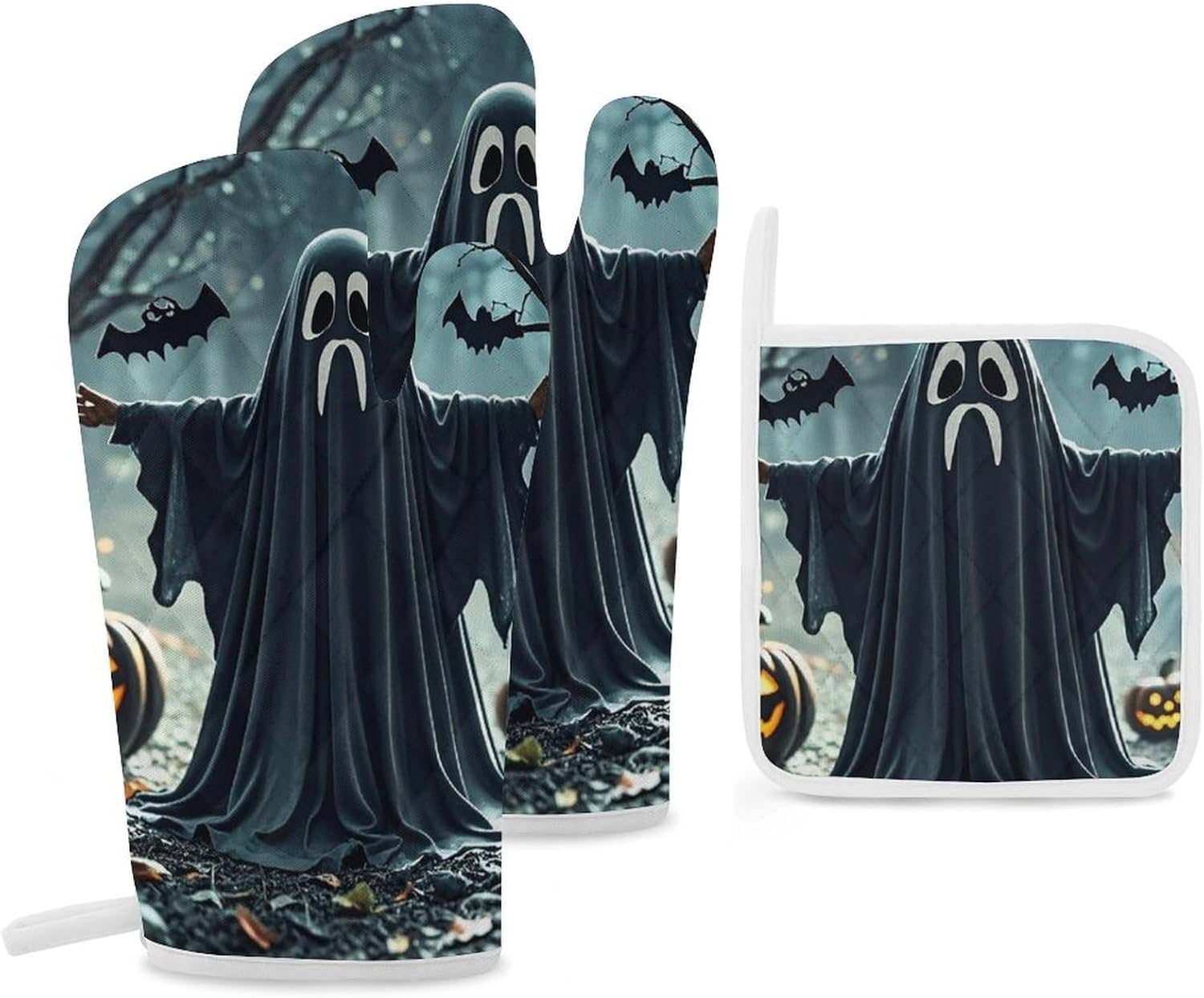 Black and Halloween Ghost Oven Gloves 3-Piece Set