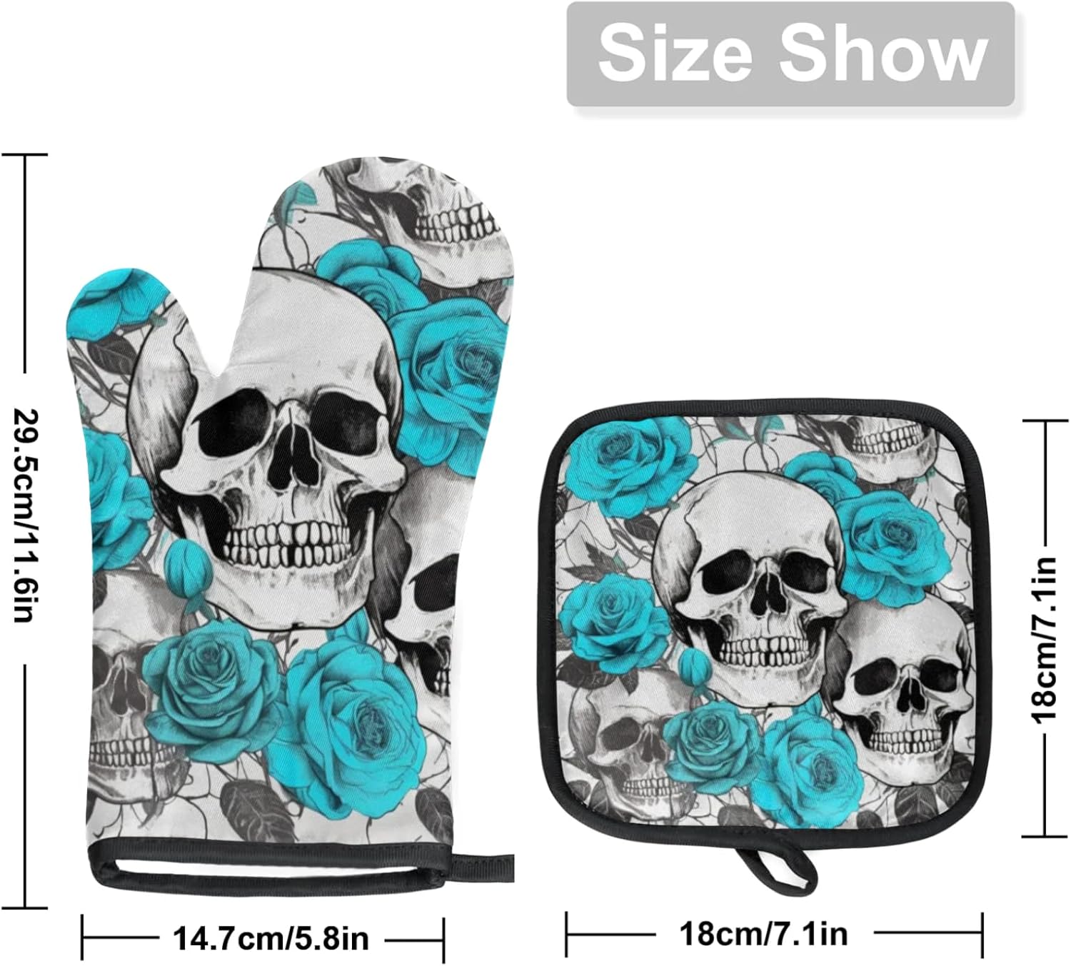 Halloween Flower Skulls Oven Mitts and Potholders Set of 2 Spooky Kitchen Gloves