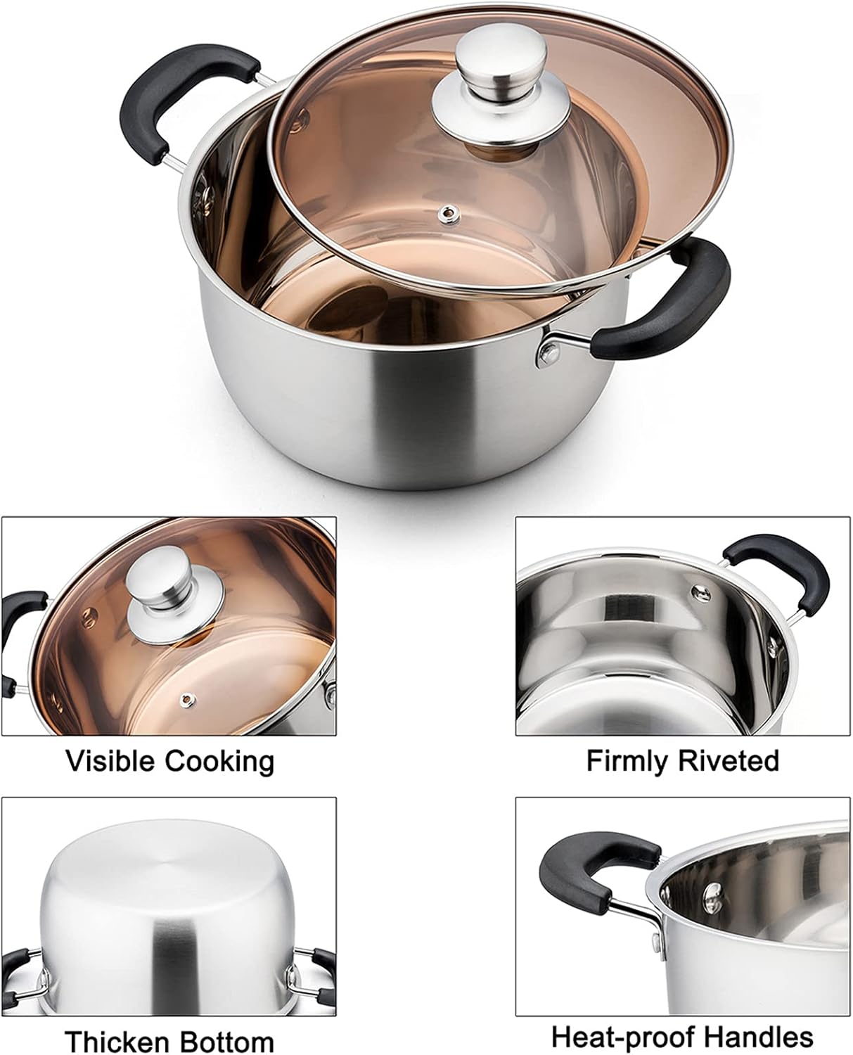 TeamFar 3 Quart Stainless Steel Stock Pot with Tempered Glass Lid