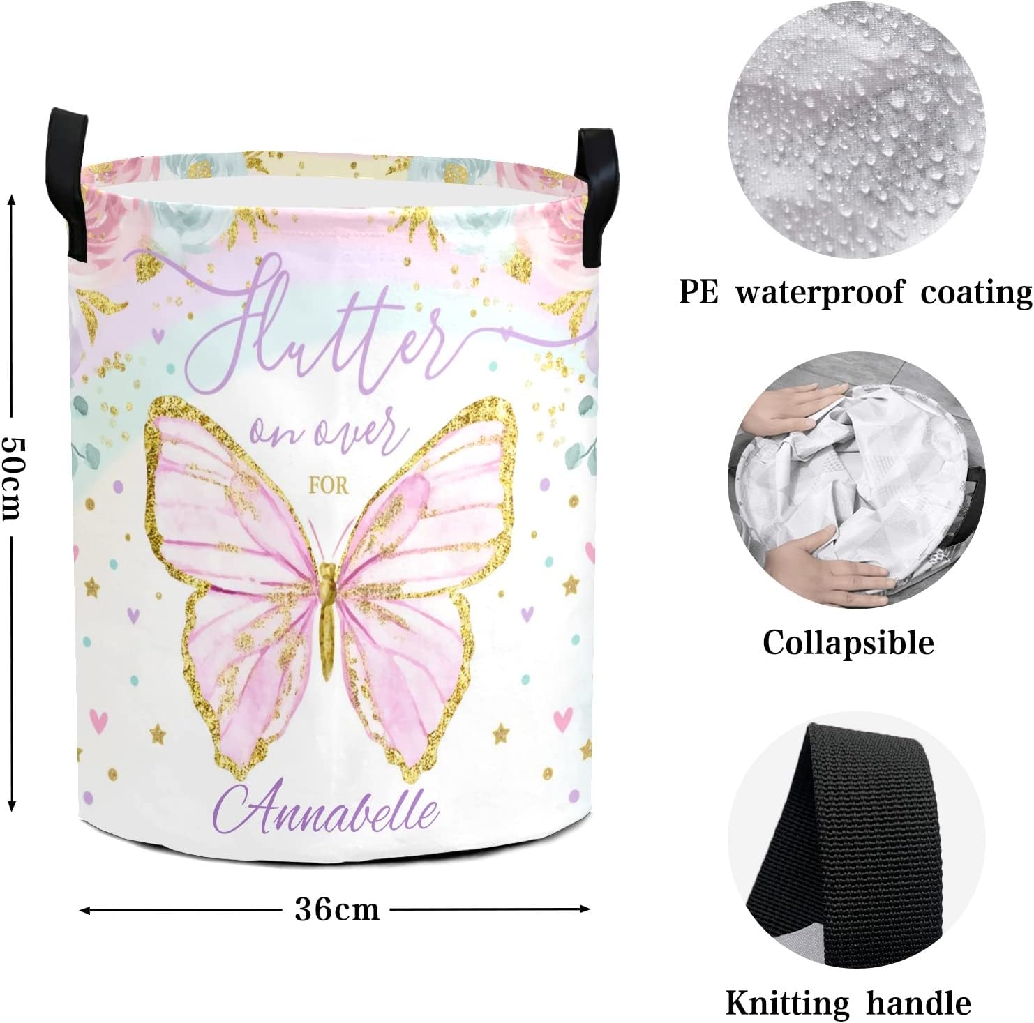 NZOOHY Butterfly Floral Pattern Personalized Waterproof Foldable Laundry Basket Bag with Handle