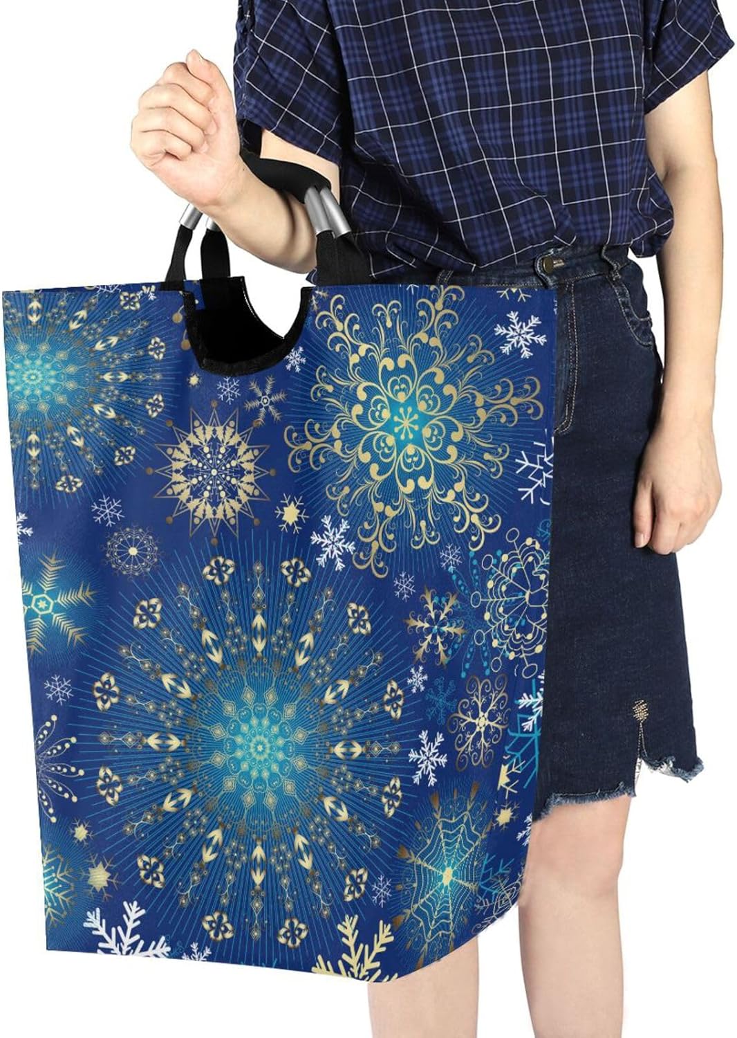 Kigai Collapsible Laundry Basket with Handles - Christmas Snowflake Design