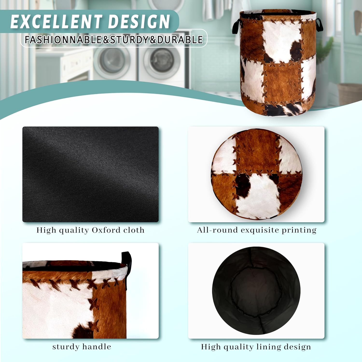 Retro Cows Print Foldable Laundry Basket with Handles 1