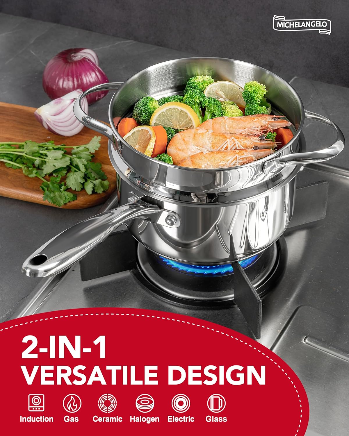 Masterpiece stainless steel saucepan with steamer