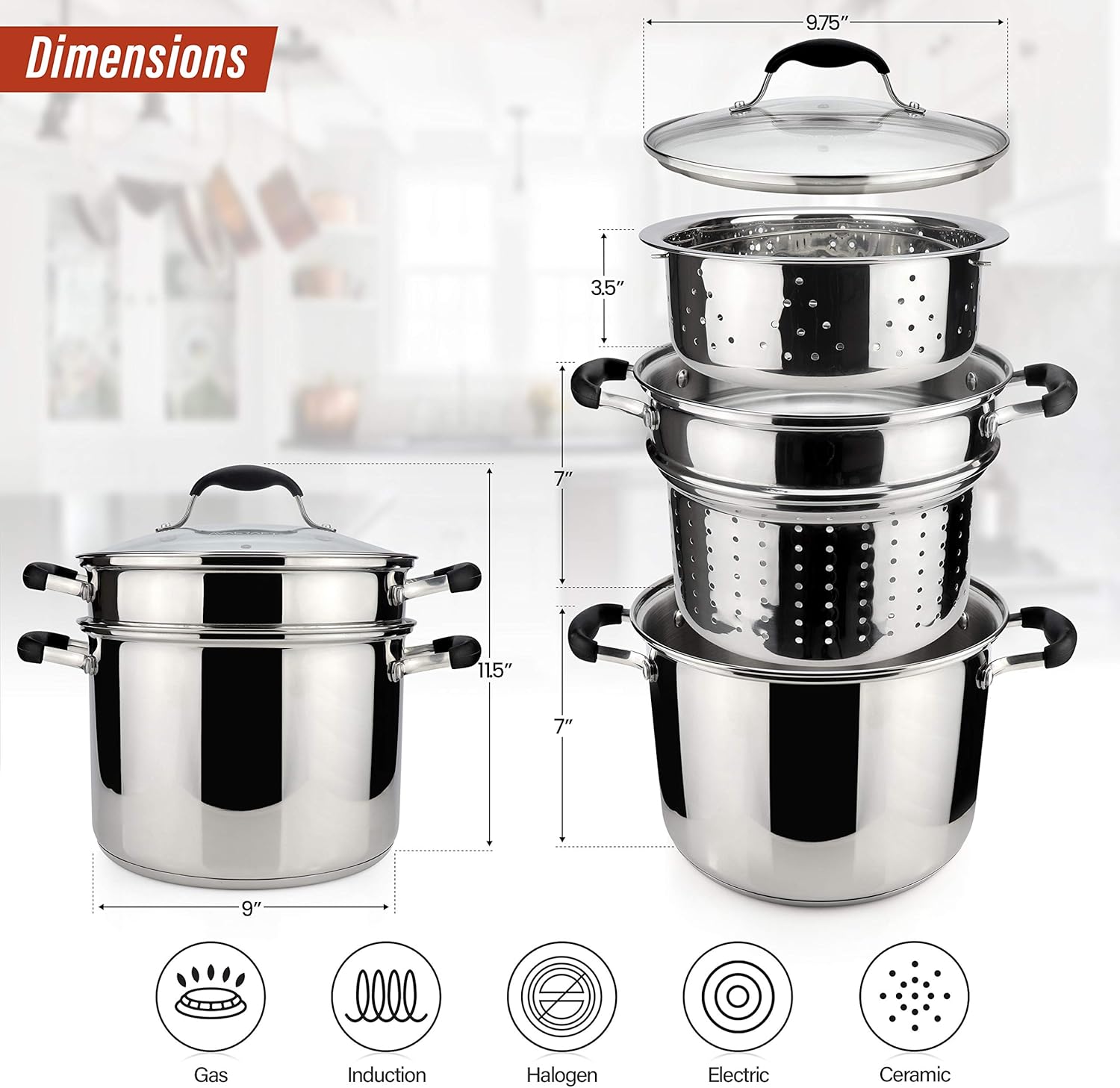 AVACRAFT 4 Piece Stainless Steel Pasta Pot Set with Strainer and Steamer Basket