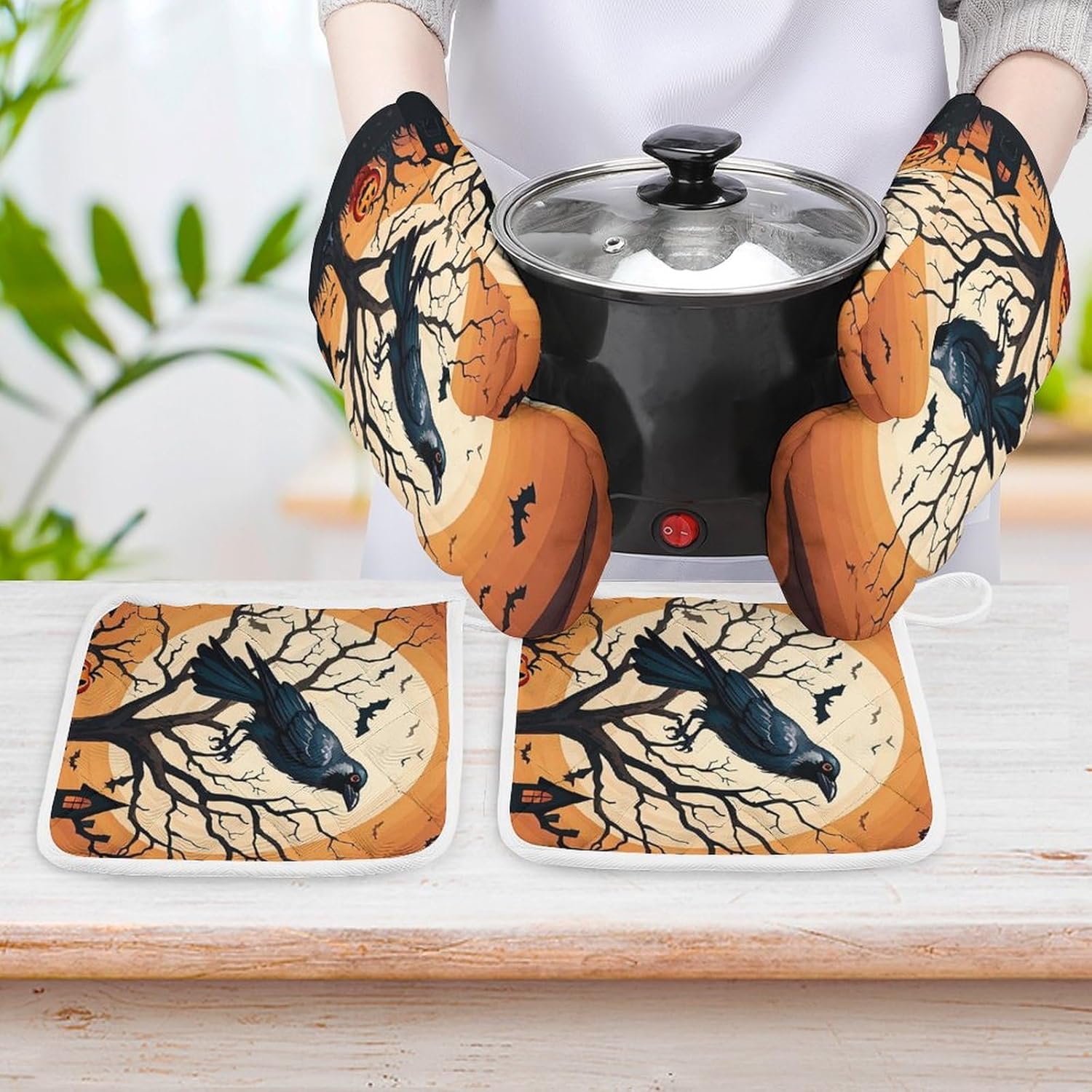 Raven Halloween Oven Mitts Pot Holders Set - Festive 4-Piece Heat-Resistant Gloves