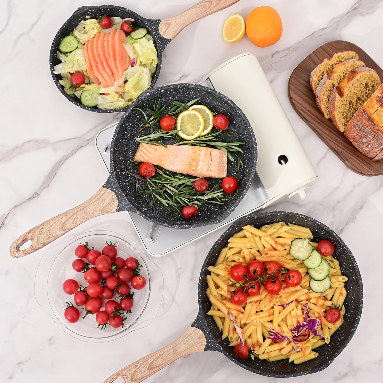 JEETEE 6-Piece Nonstick Frying Pan Set with Lid Grey