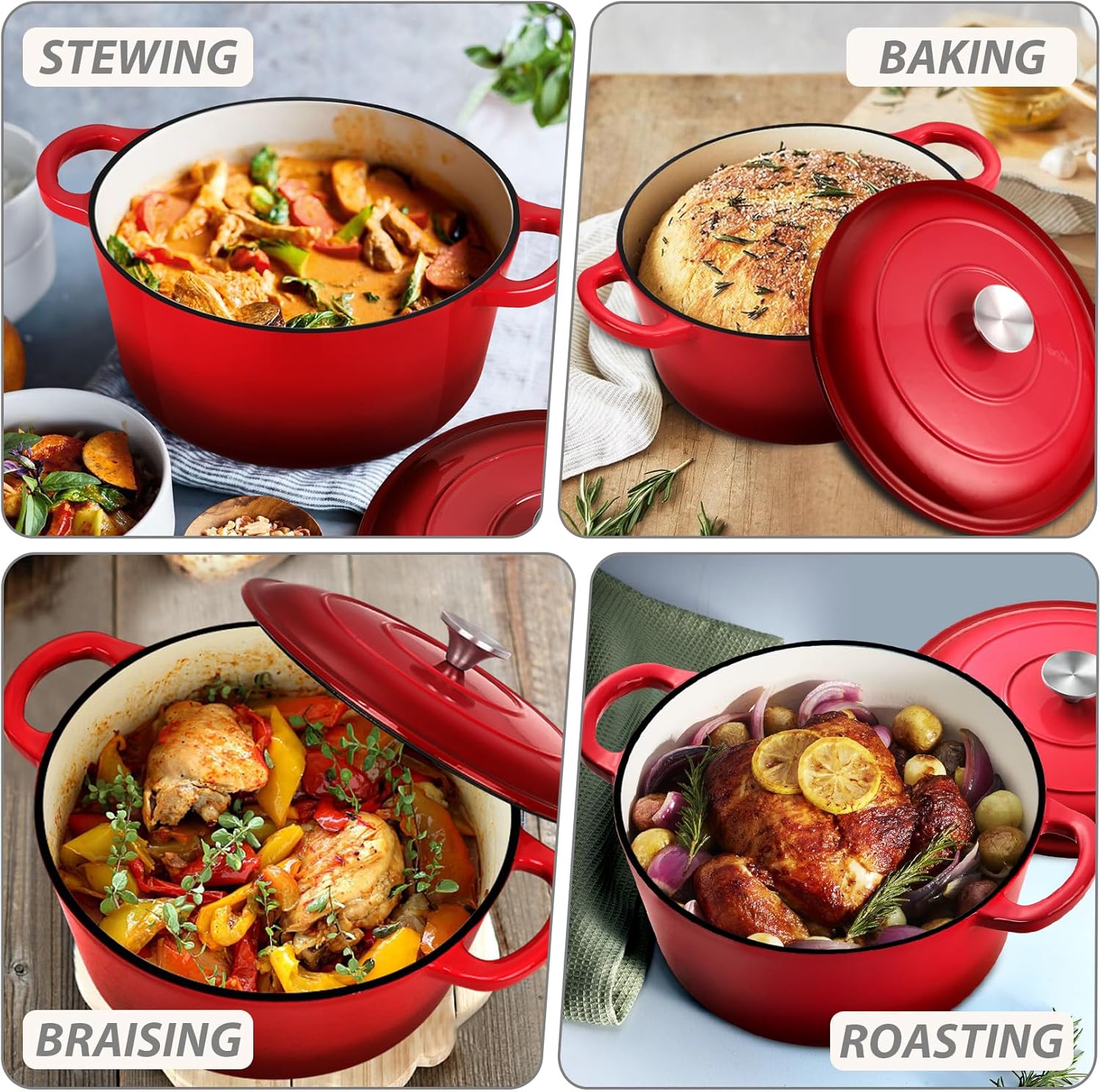 Joyfair Premium Cast Iron Dutch Oven Pot with Lid 5 QT Red