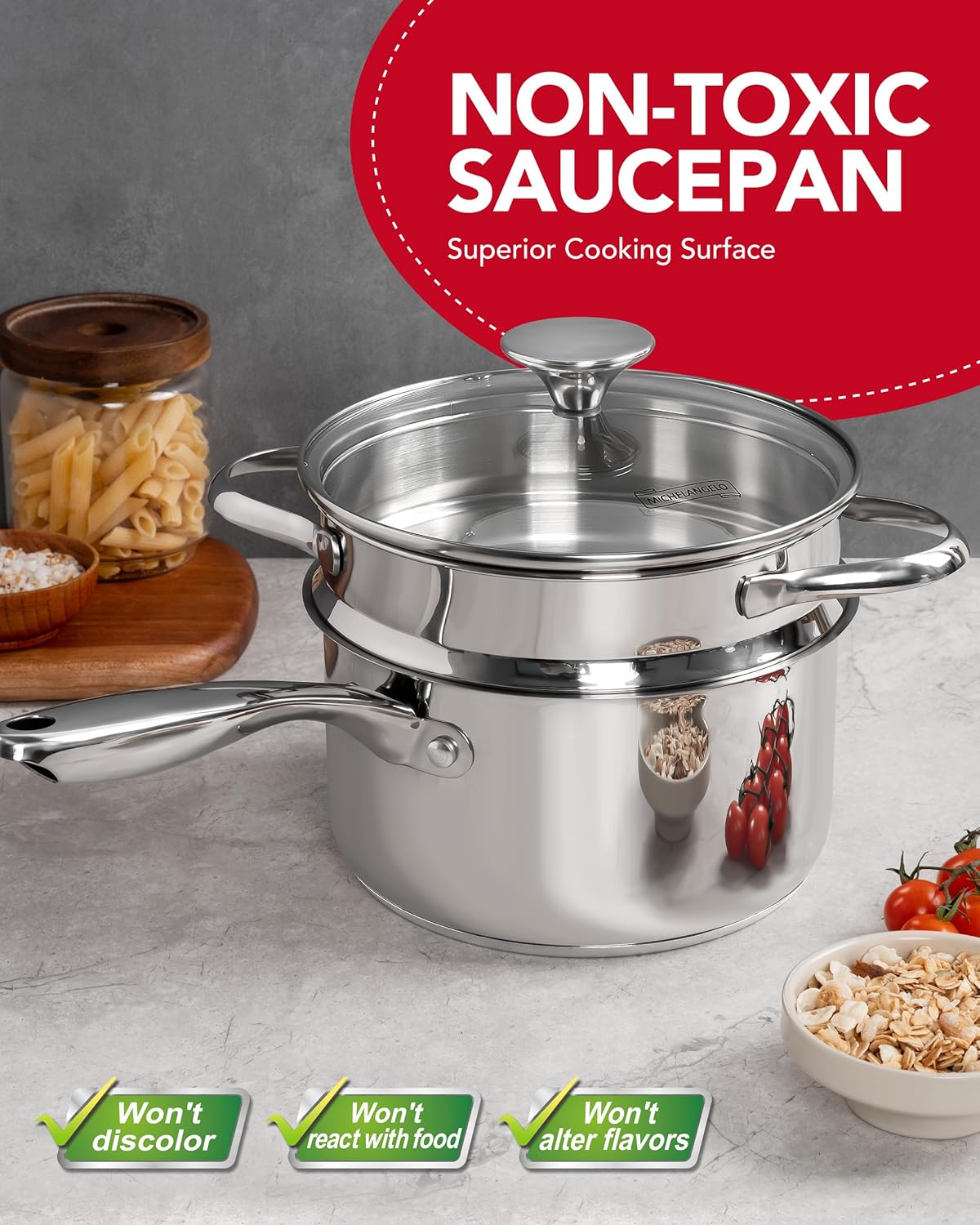 Masterpiece stainless steel saucepan with steamer