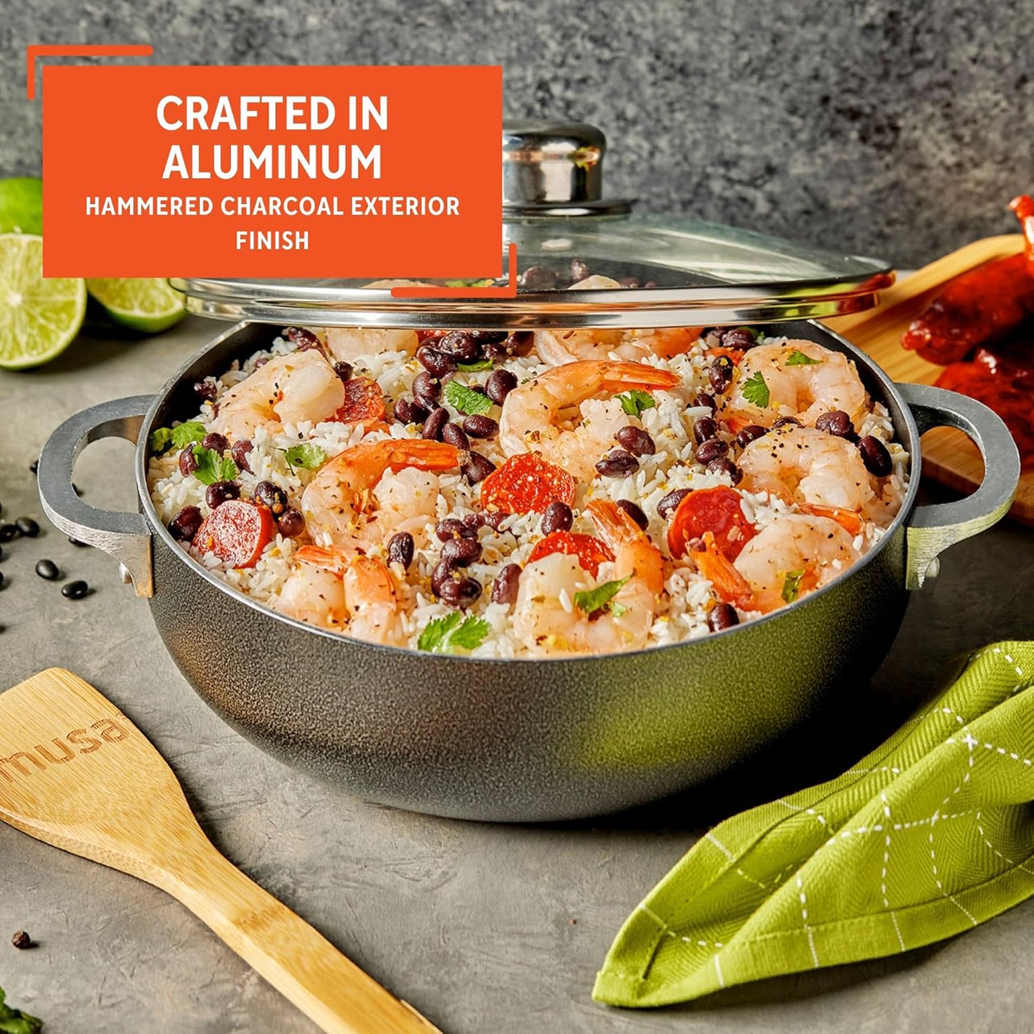 IMUSA 32Qt Nonstick Charcoal Caldero with Glass Lid