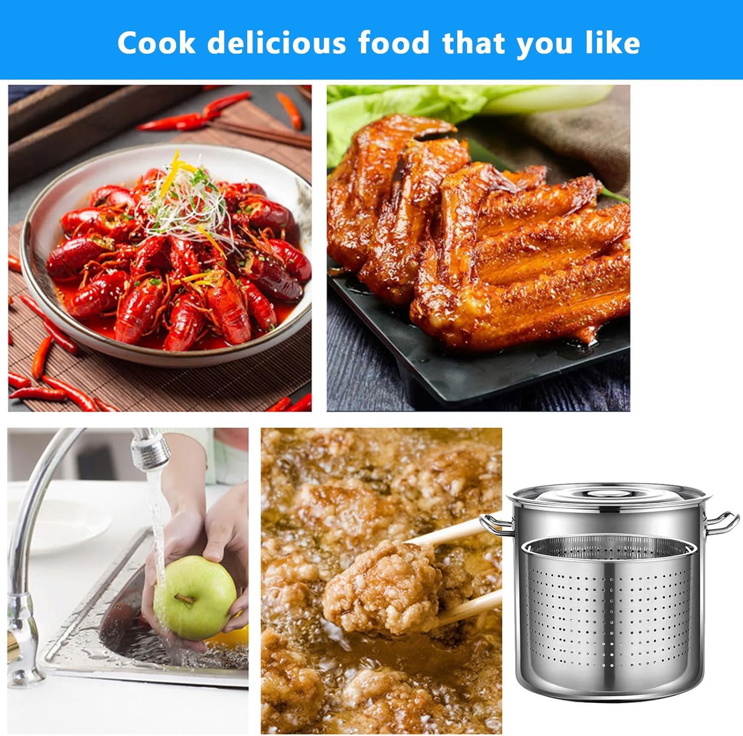 Sturdy Stainless Steel Stockpot with Basket Deep Fry Soup Seafood Made Easy