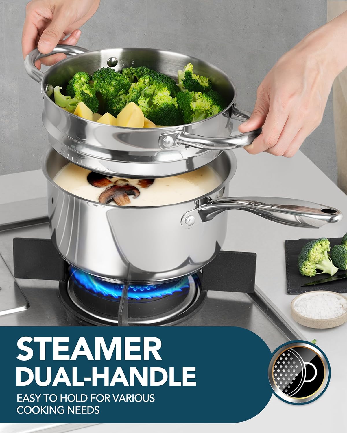 Stainless Steel Saucepan with Tripple Bottom for Cooking Steaming More