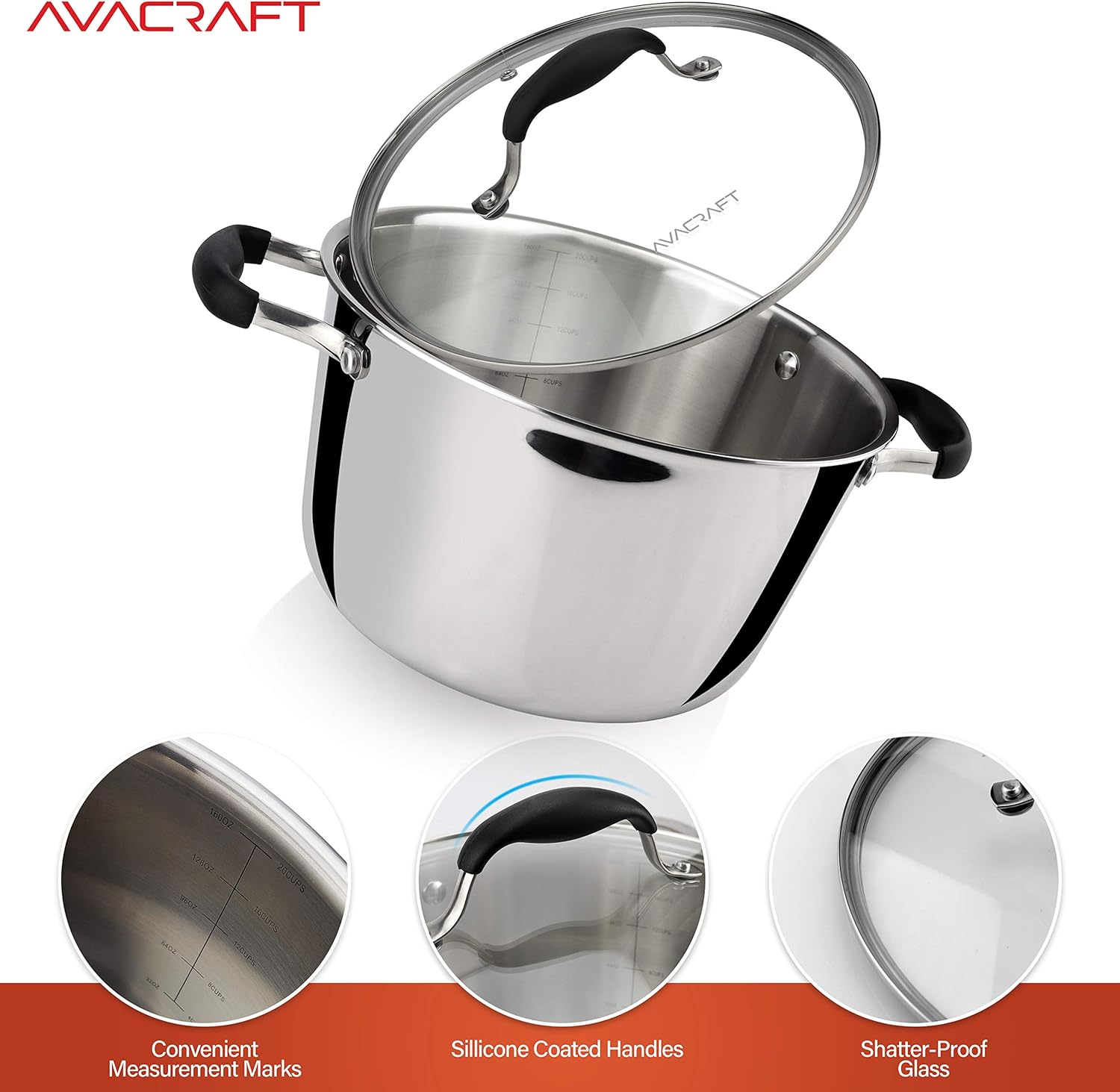 AVACRAFTSturdy 1810 Stainless Steel Dutch Oven with Glass Lid Best Cooking Pan Ever