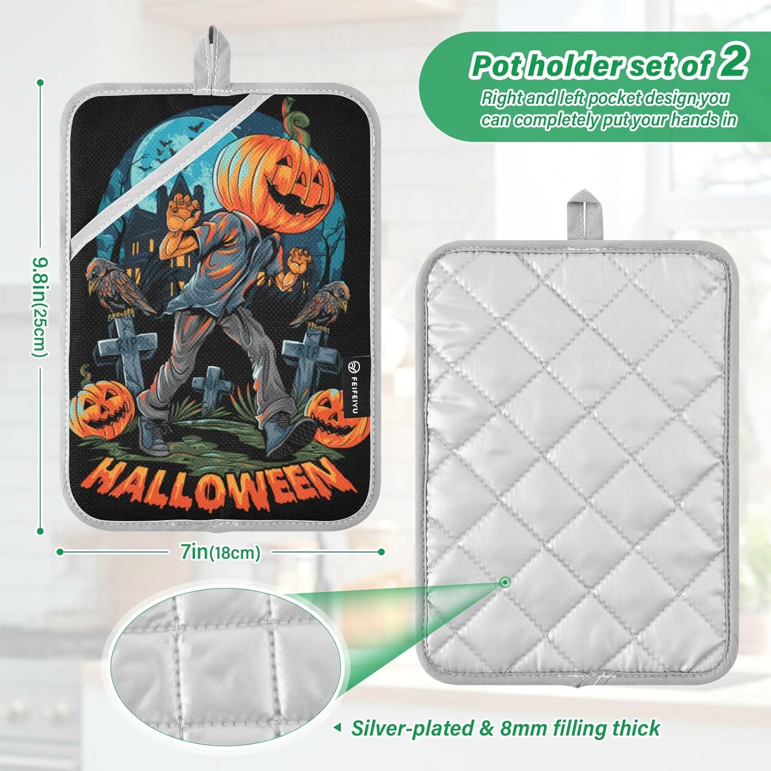 2Pcs Halloween Pumpkin Headed Pot Holders Non Slip with Pockets