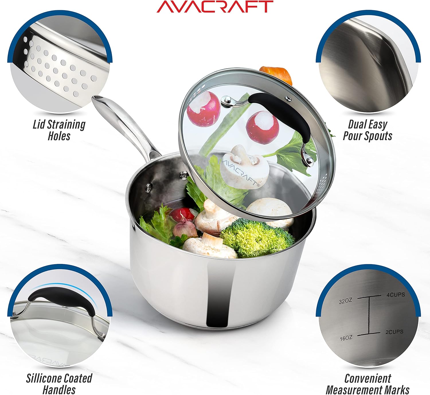 AVACRAFT Multipurpose Saucepan with Glass Lid 15 Qt