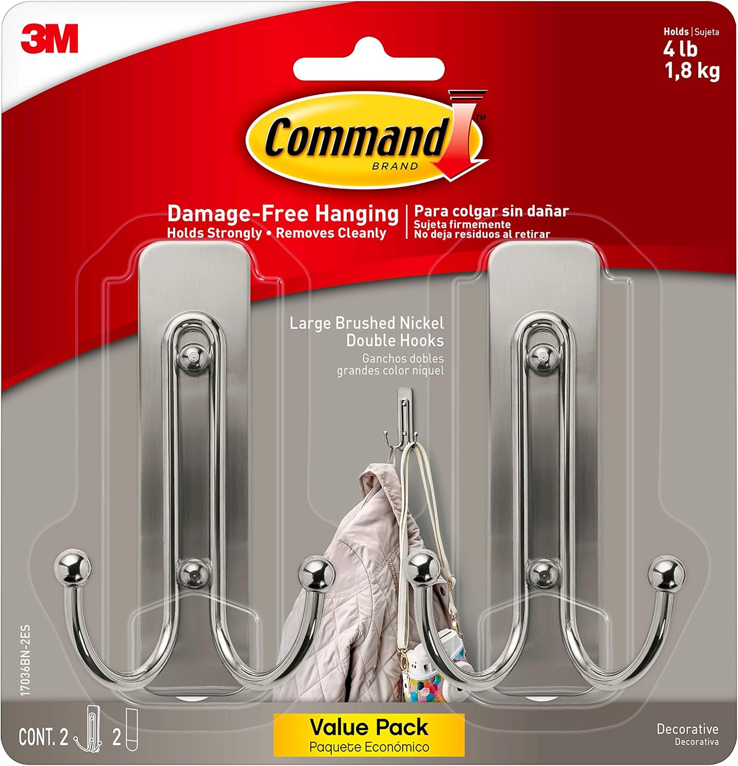 Command Large Brushed Nickel Double Hooks