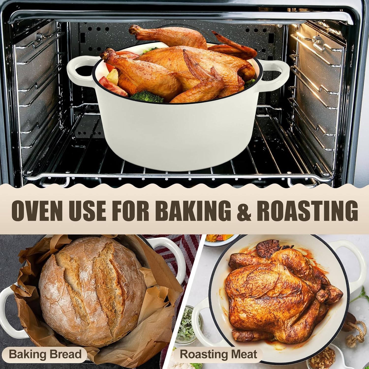 PP CHEF Kapex Dutch Oven Pot with Lid White Enameled 7QT