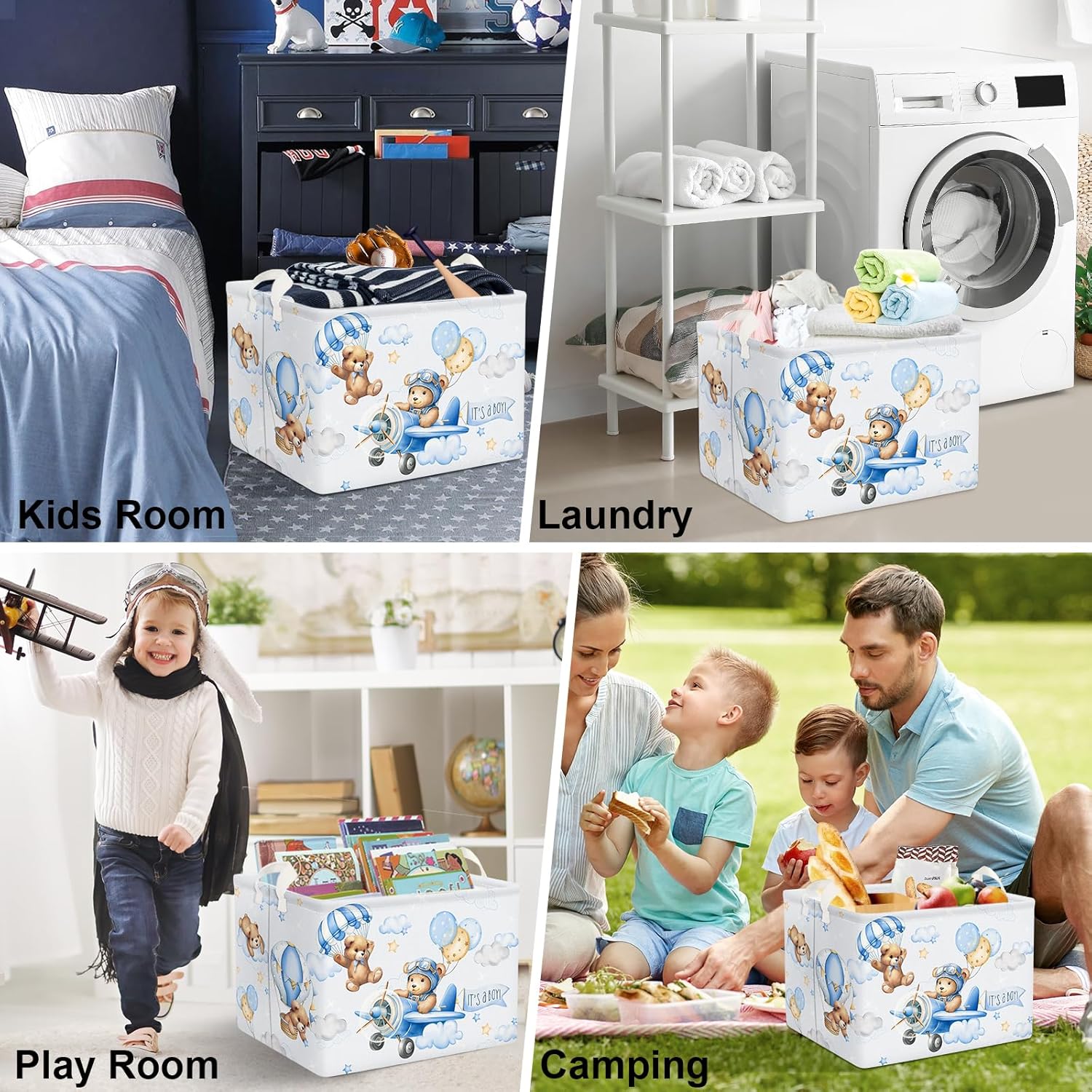 Clastyle 36L Blue Pilot Bear Collapsible Storage Basket for Kids