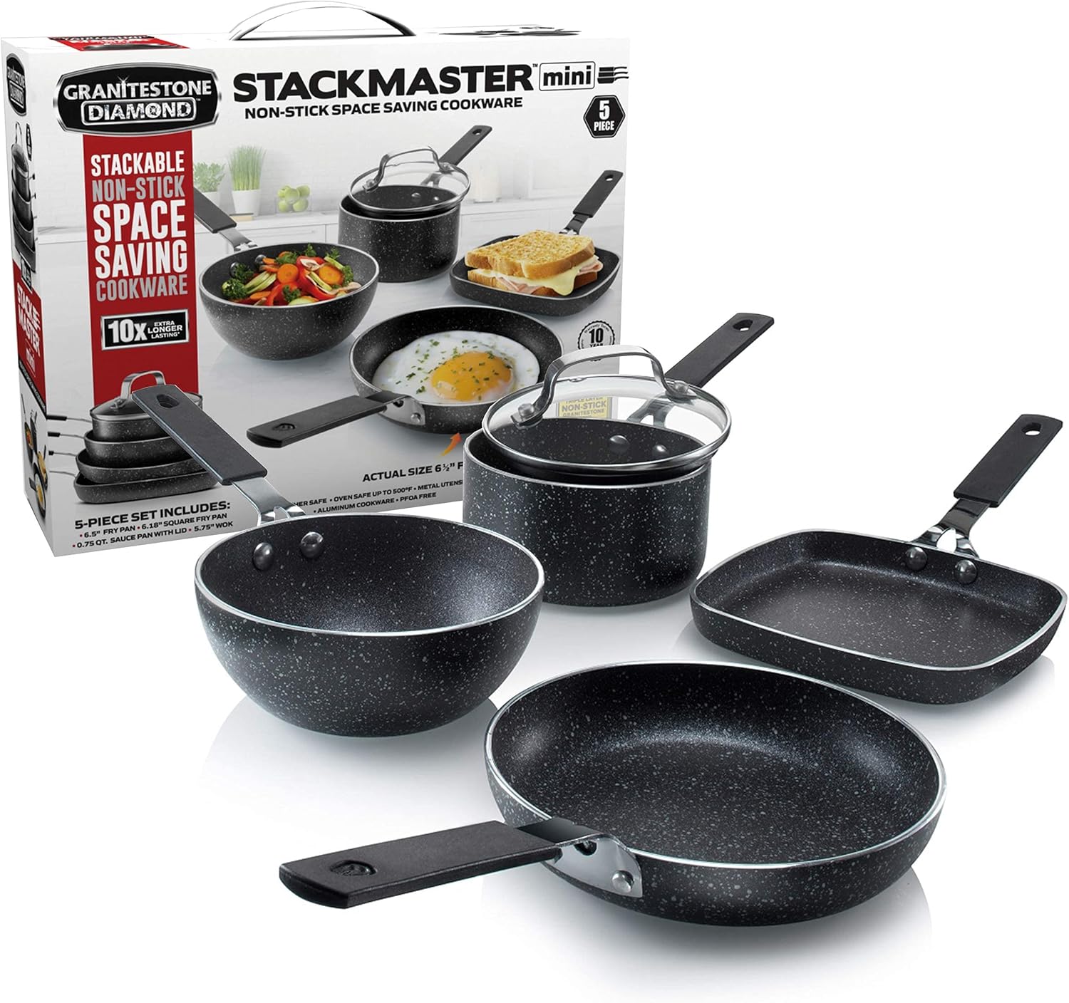 Granitestone 5-Piece Stackable Cookware Set Dishwasher Safe Nonstick Scratch-Resistant PFOA-Free