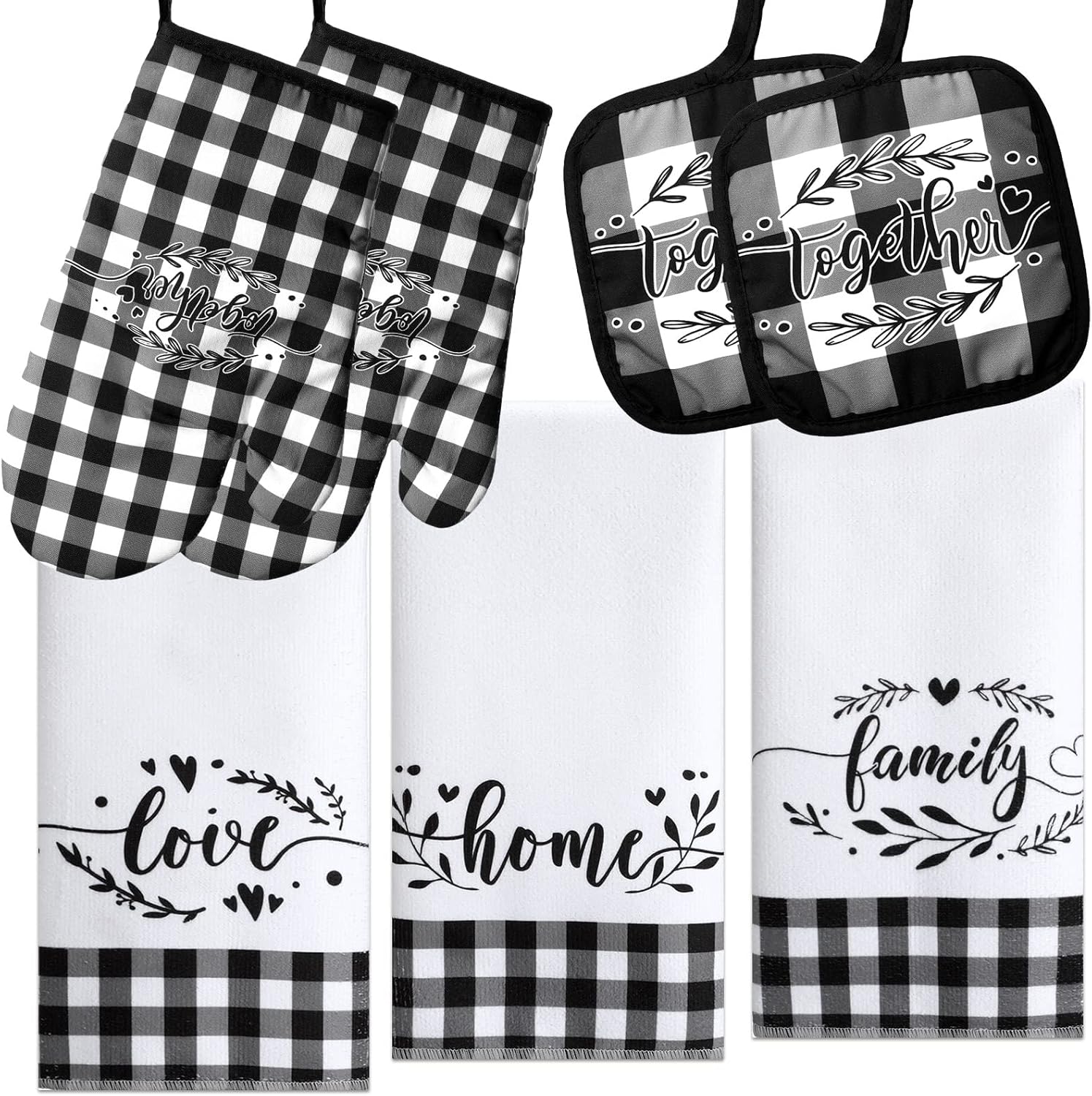 Oudain 7 Pcs Christmas Buffalo Kitchen Mitts and Pot Holders Check Plaid Set